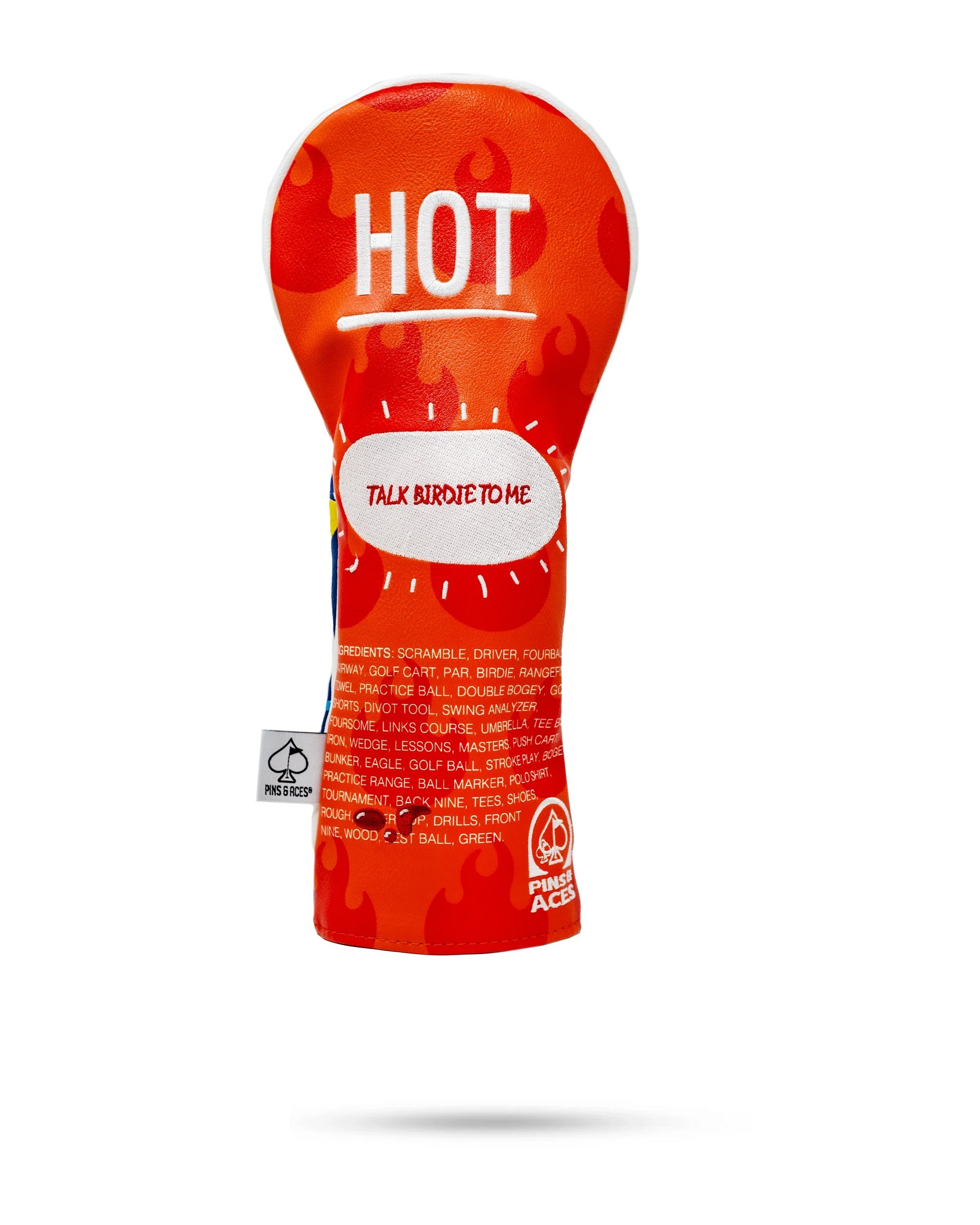Bold golf headcover featuring a fiery hot sauce design with the phrase "Talk Birdie to Me" for a fun, standout look.