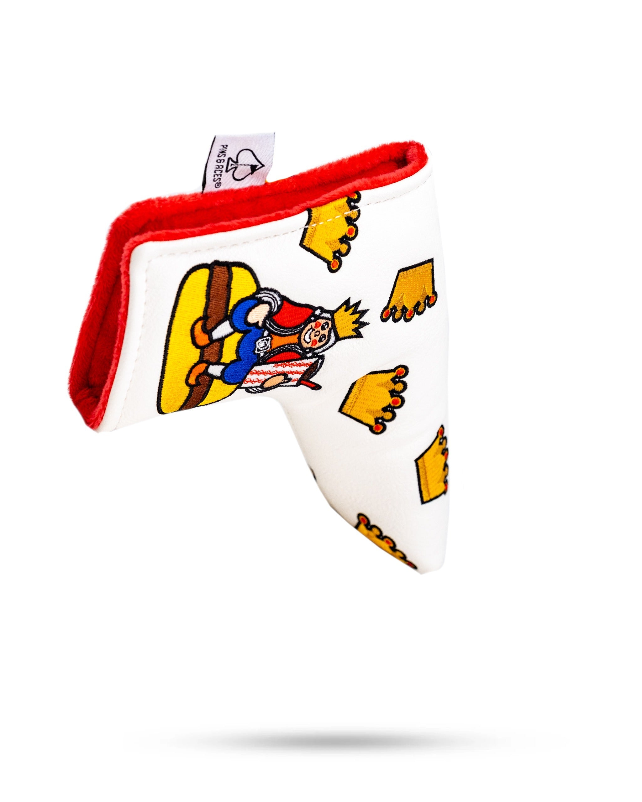 White blade putter headcover featuring a cartoon king design with crowns, perfect for golfers seeking a unique style.