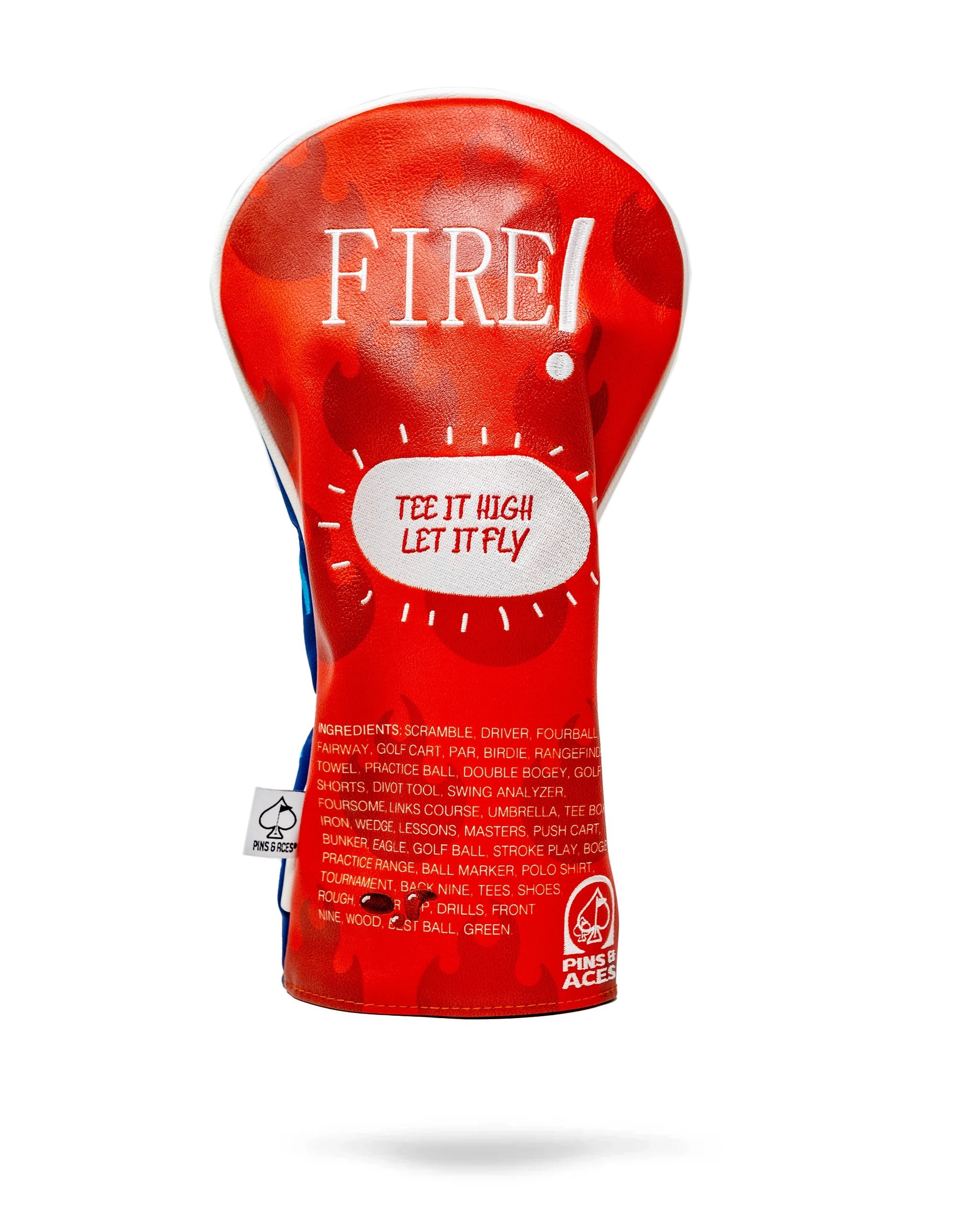 Bold red driver cover featuring "FIRE!" text and playful graphics, designed to add flair to your golf game.