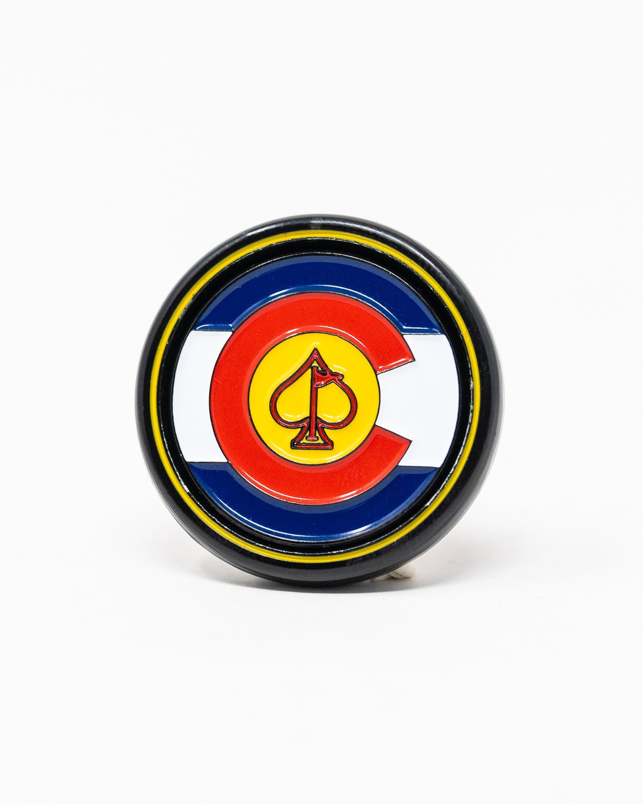 Bold Colorado-themed pop-out medallion ball marker featuring a vibrant design with the state colors and a spade symbol.