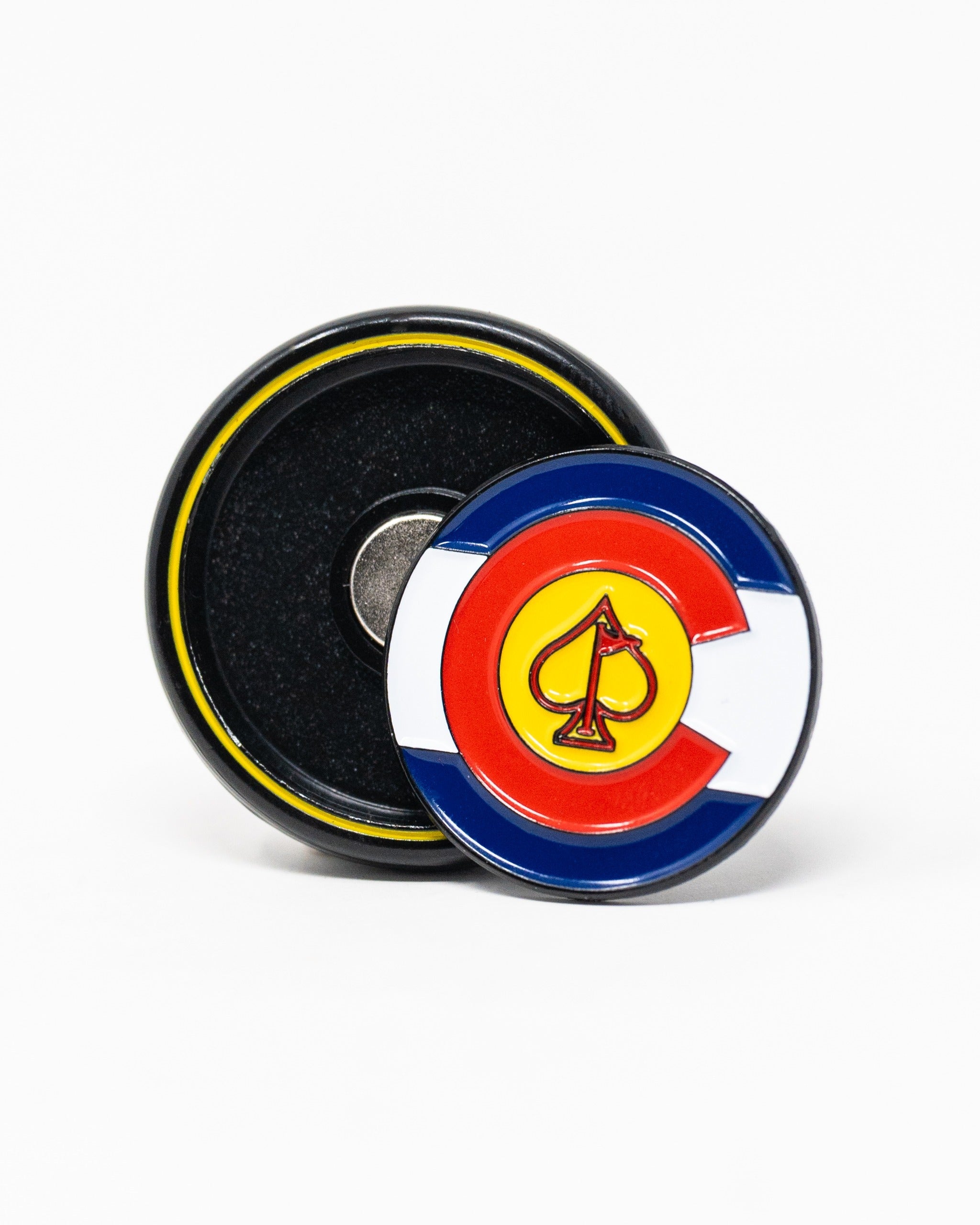 Bold Colorado-themed pop-out medallion ball marker featuring a spade logo, ideal for stylish golfers.