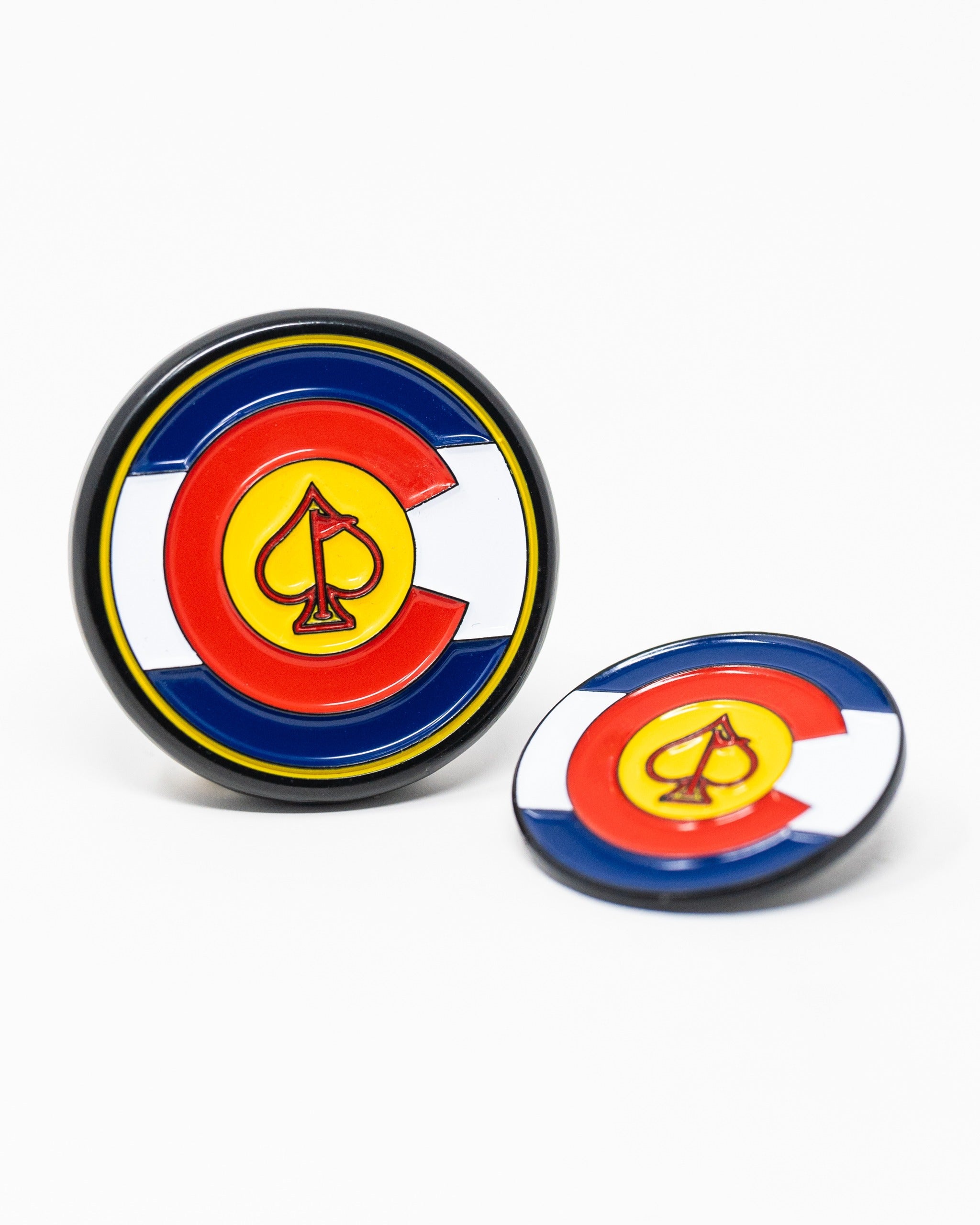 Bold Colorado-themed pop-out medallion ball marker set featuring a vibrant design with the state flag colors.
