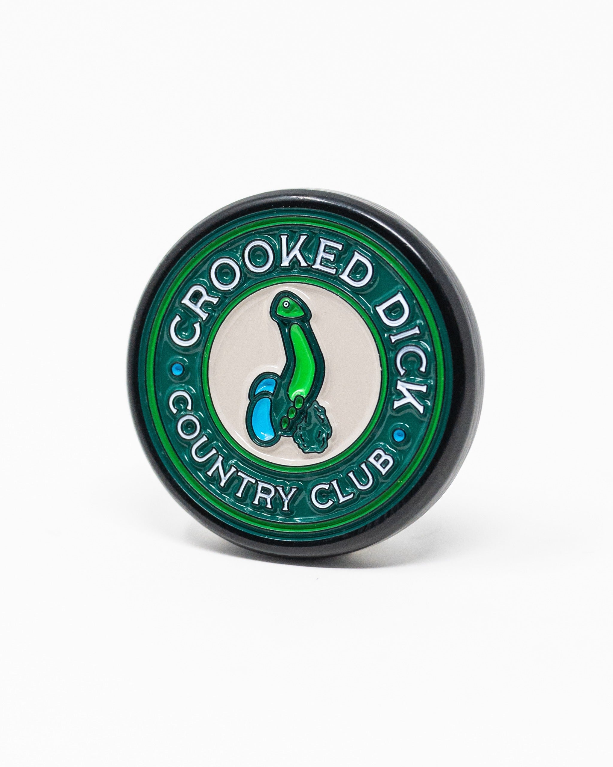 Bold Pop Out Medallion Ball Marker featuring a playful design with "Crooked Dick Country Club" text, perfect for golfers.