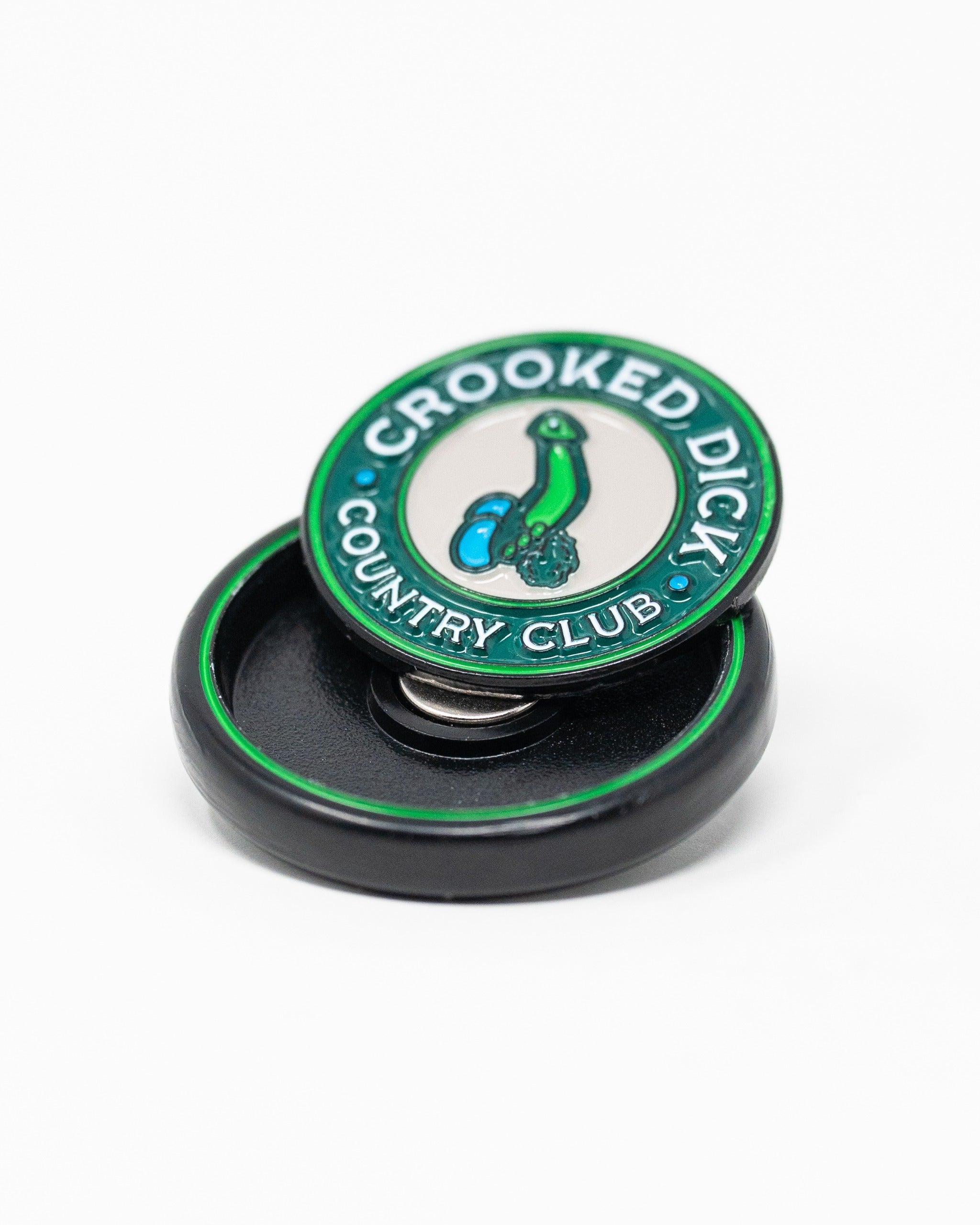 Pop Out Medallion Ball Marker featuring Crooked Dick Country Club design, with a vibrant green border and playful graphics.