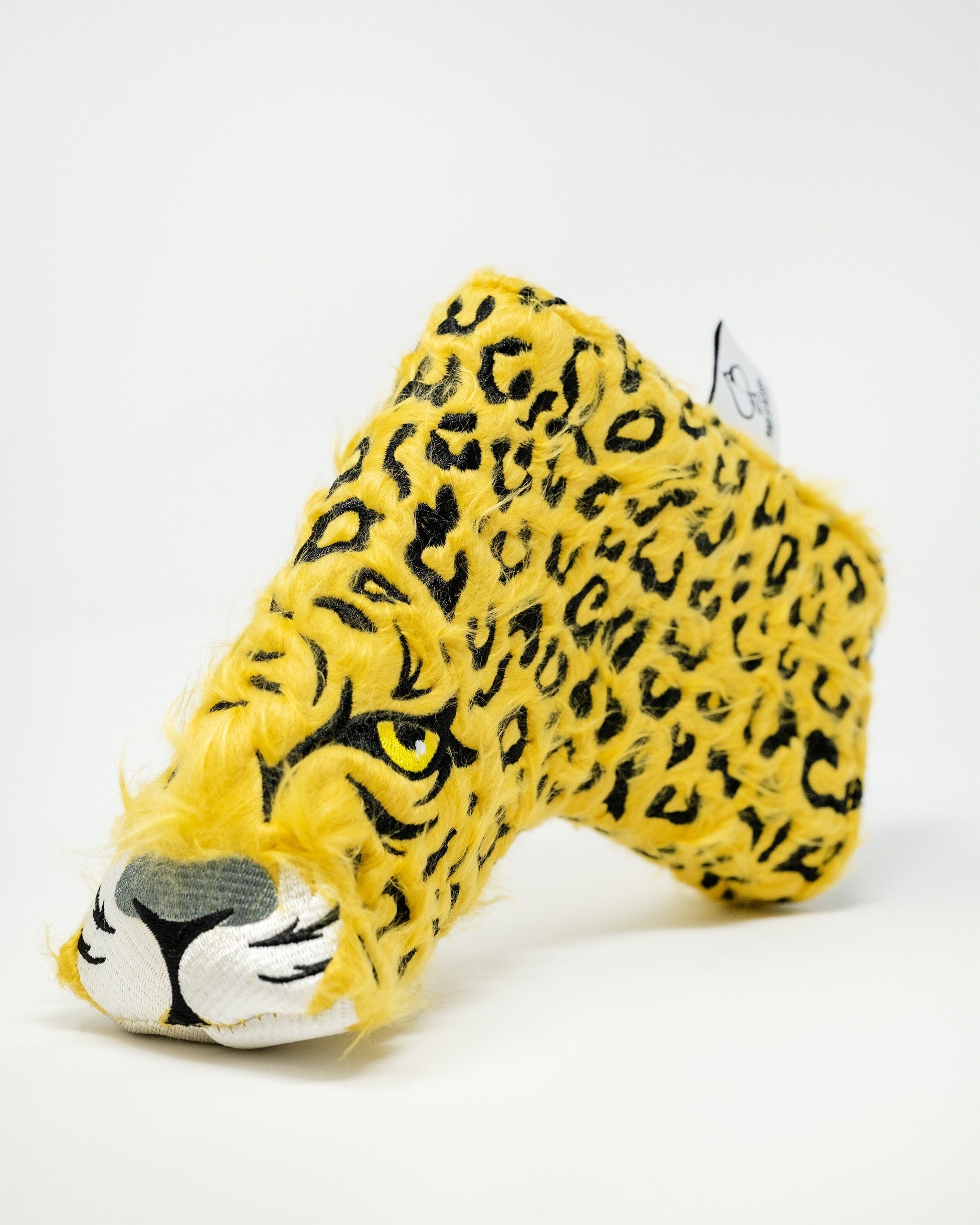 Bold leopard print blade putter cover featuring a realistic leopard face, designed to add flair to your golf game.