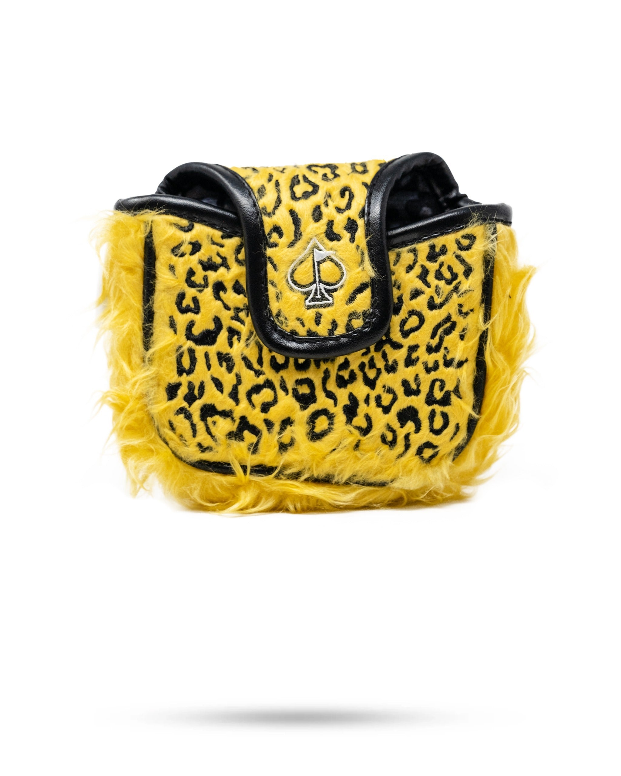 Bold leopard print mallet putter cover with a fluffy yellow trim and spade logo, designed for standout golfers.