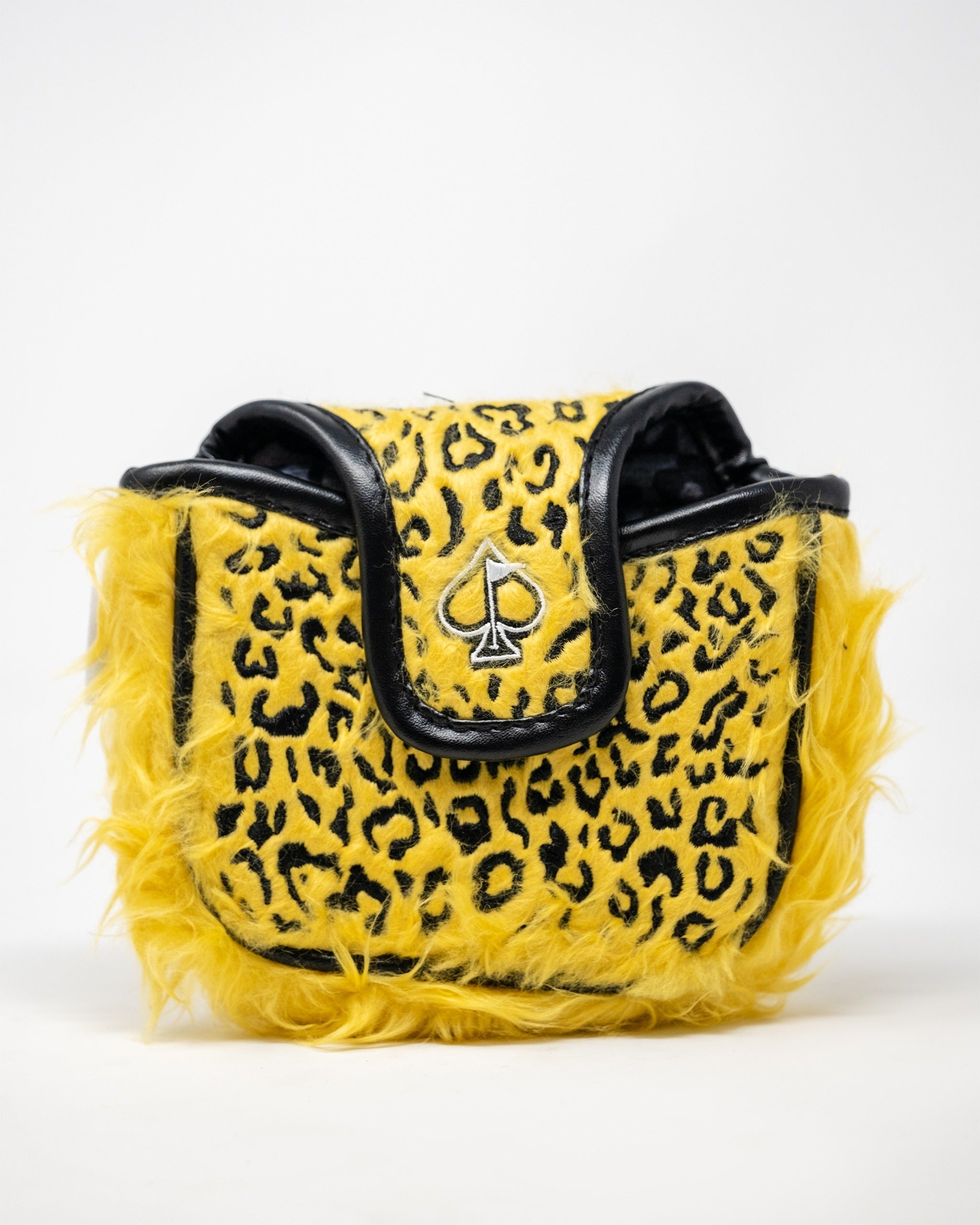 Bold leopard print mallet putter cover in vibrant yellow with black trim, designed for golfers seeking unique style.