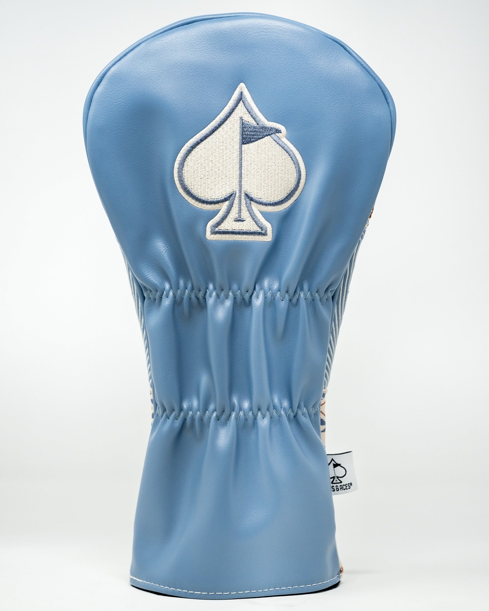 Blue leather driver cover featuring a spade emblem, designed with a Western aesthetic for stylish golf protection.