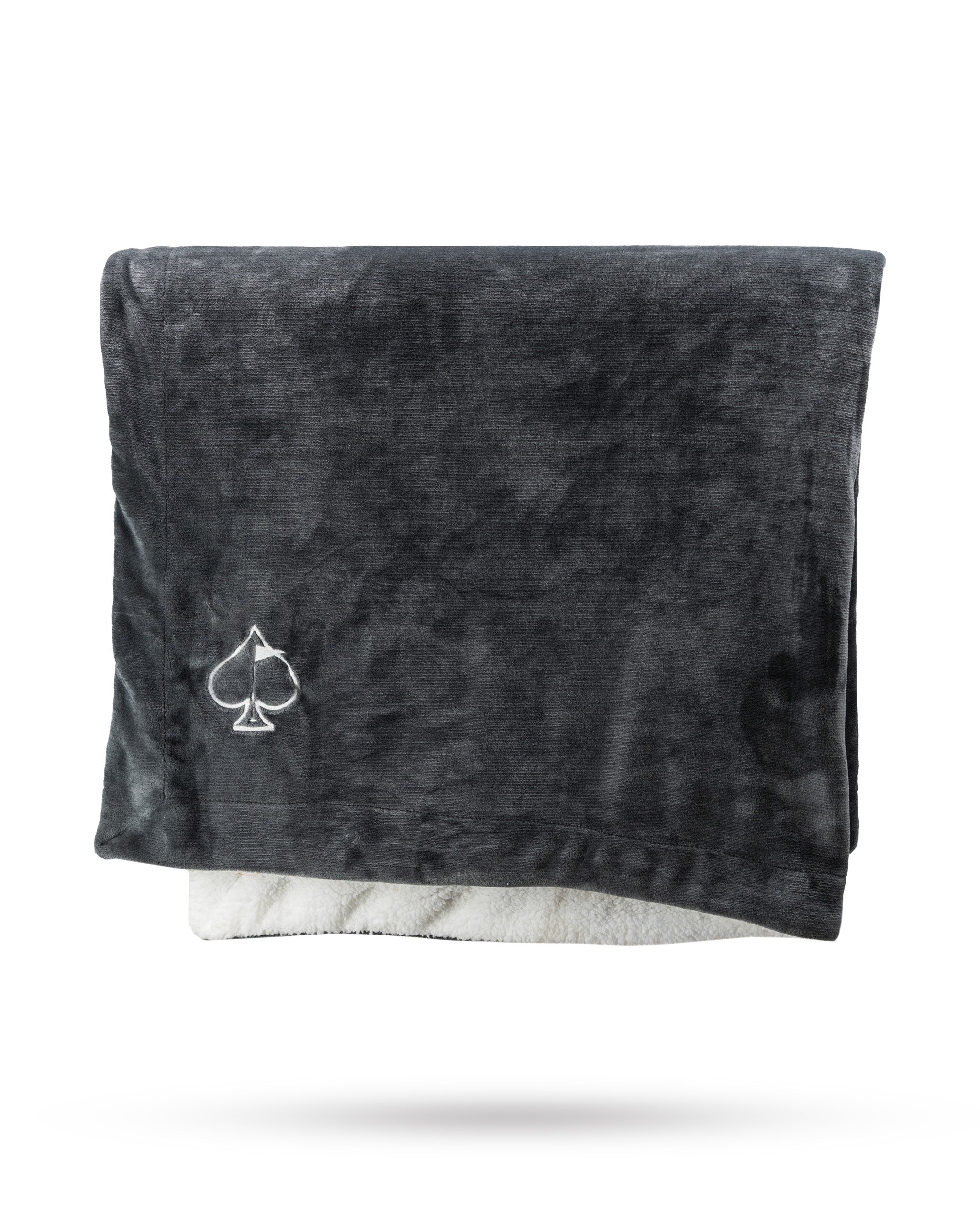 Soft dark gray Bogey Blanket featuring a stylish logo, perfect for cozying up on the golf course or at home.