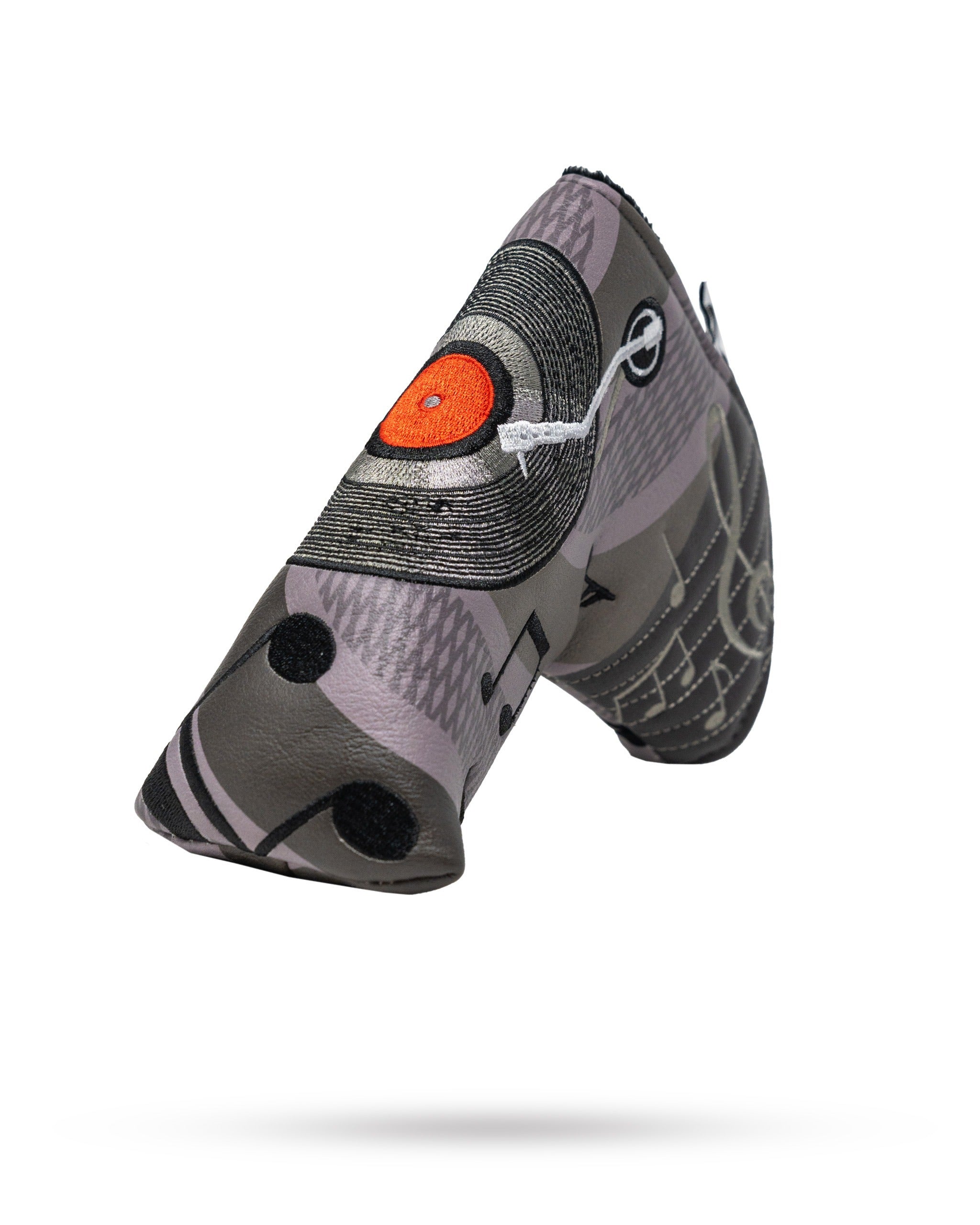 Blade putter cover featuring a vibrant music-themed design with vinyl records and musical notes, perfect for golfers.