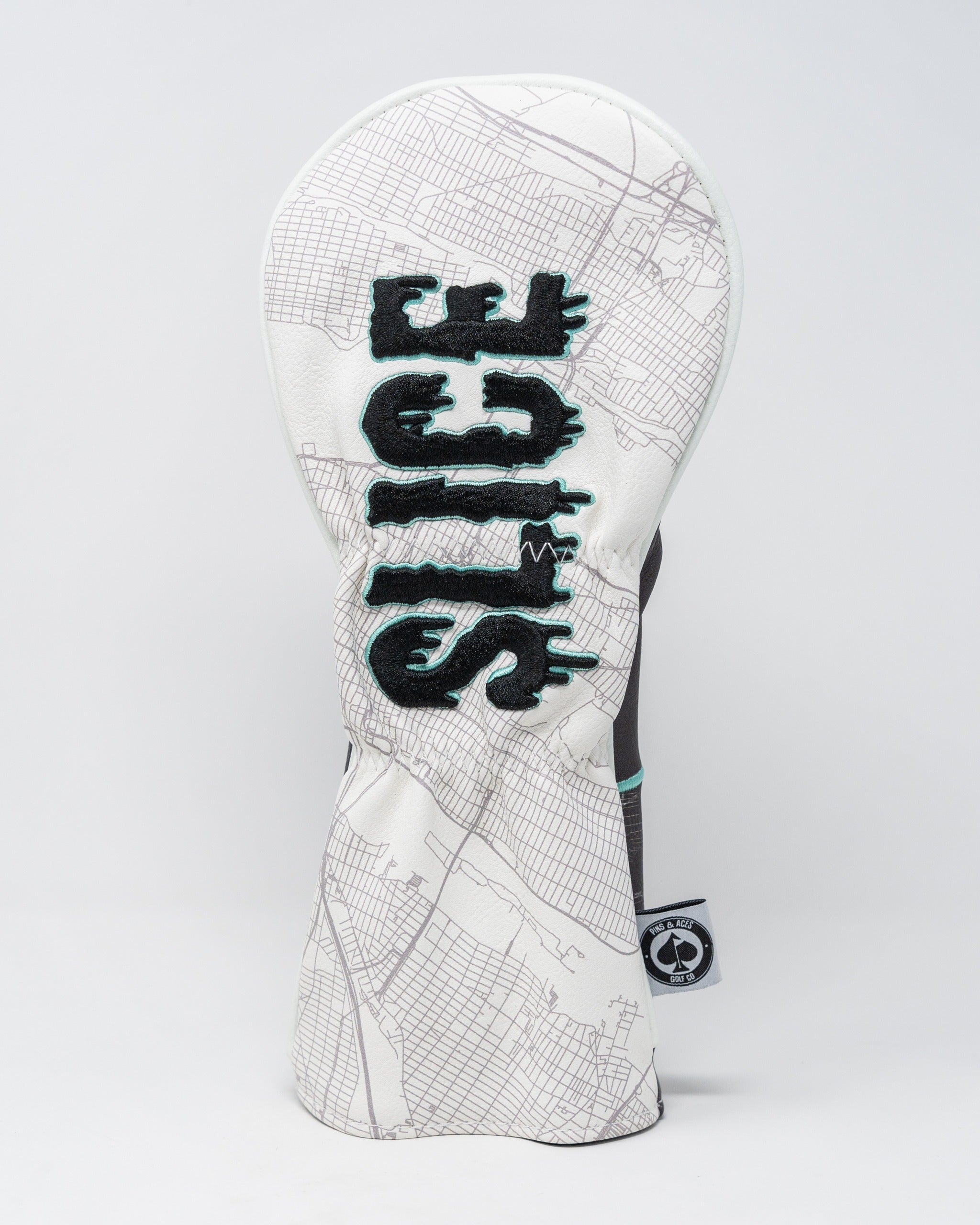 Shady Slice Fairway Cover featuring a bold "SLICE" design on a map-patterned background, ideal for stylish golfers.