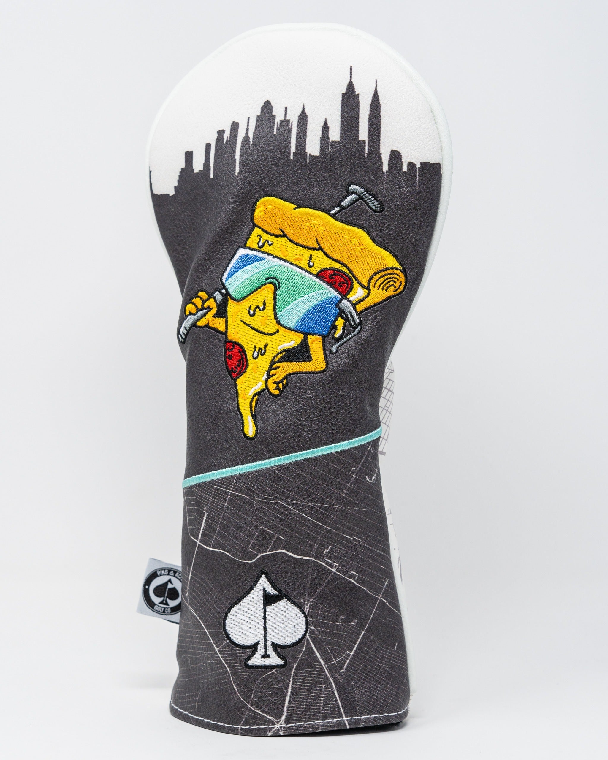 Bold fairway cover featuring a playful pizza graphic with sunglasses, set against a city skyline design. Perfect for golfers.