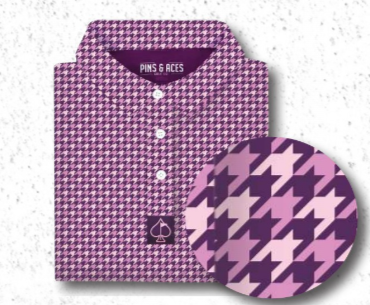 Women's houndstooth golf polo in raspberry, featuring a stylish pattern and a classic collar for a bold look on the course.