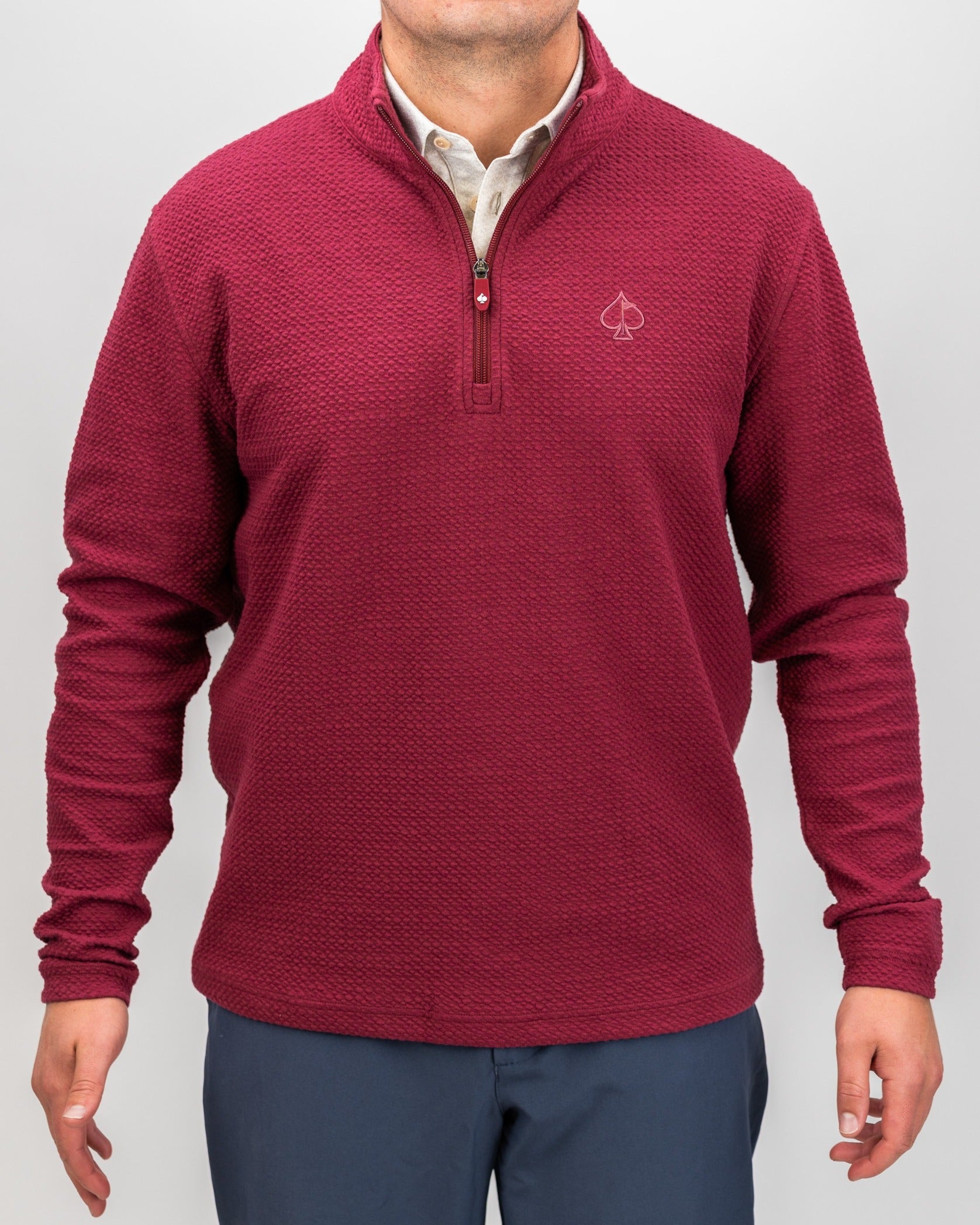 Men's Player Preferred Waffle Knit Pullover in Merlot, featuring a quarter-zip design and subtle logo, ideal for golf.