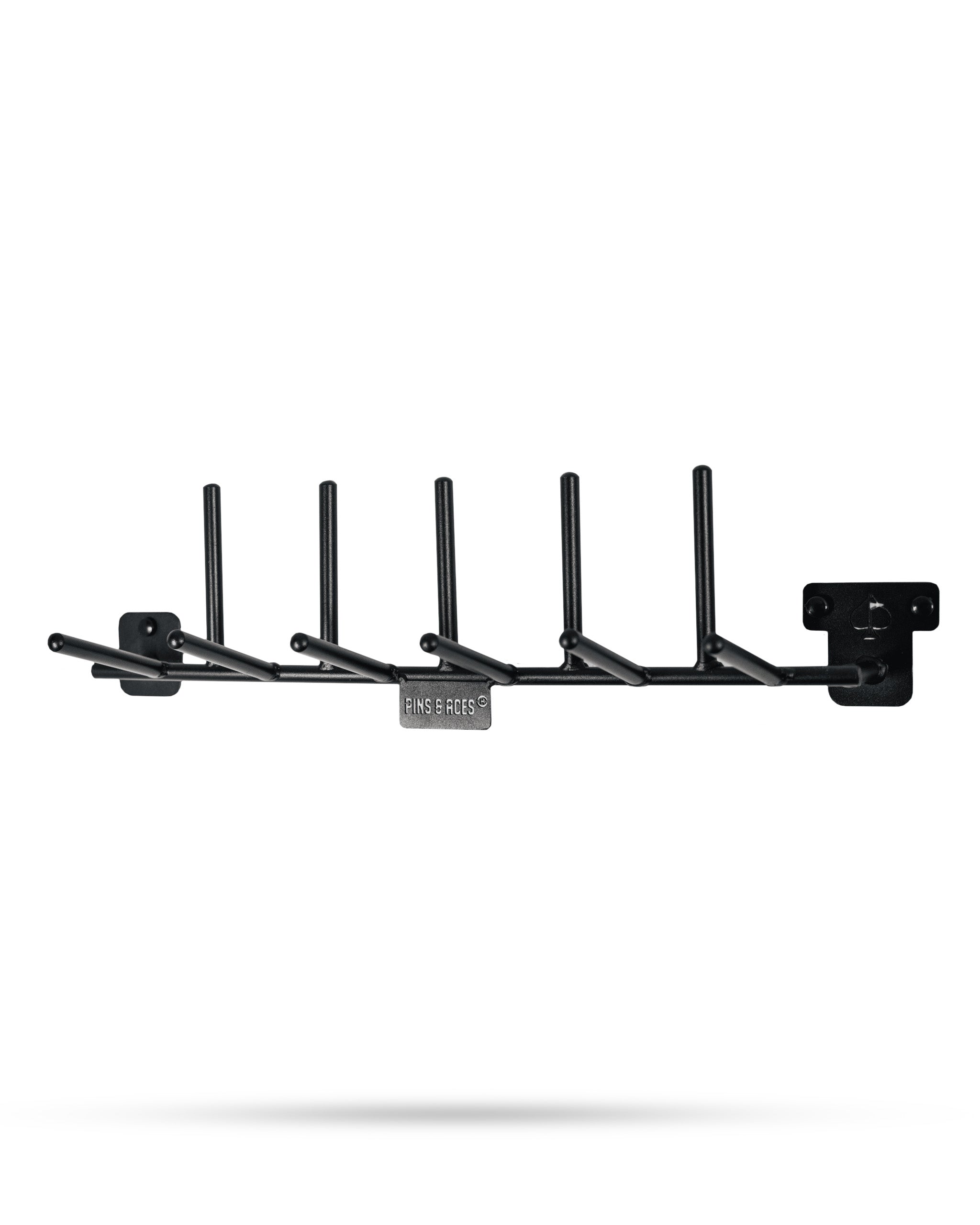 Compact headcover rack with six hooks for organized storage of golf headcovers, featuring a sleek black design.