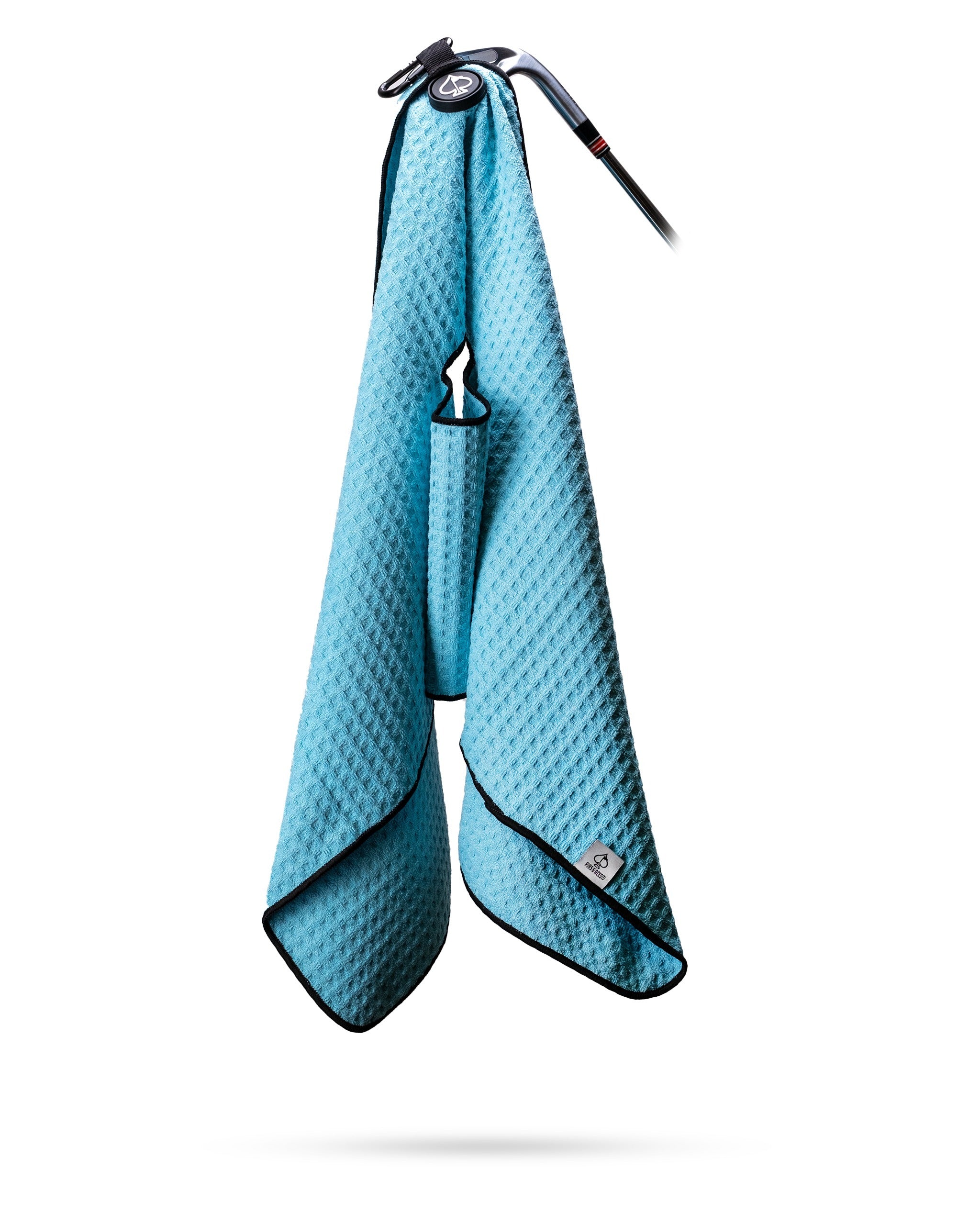 Sky blue magnetic golf towel with a textured design, featuring a convenient attachment for easy access on the course.