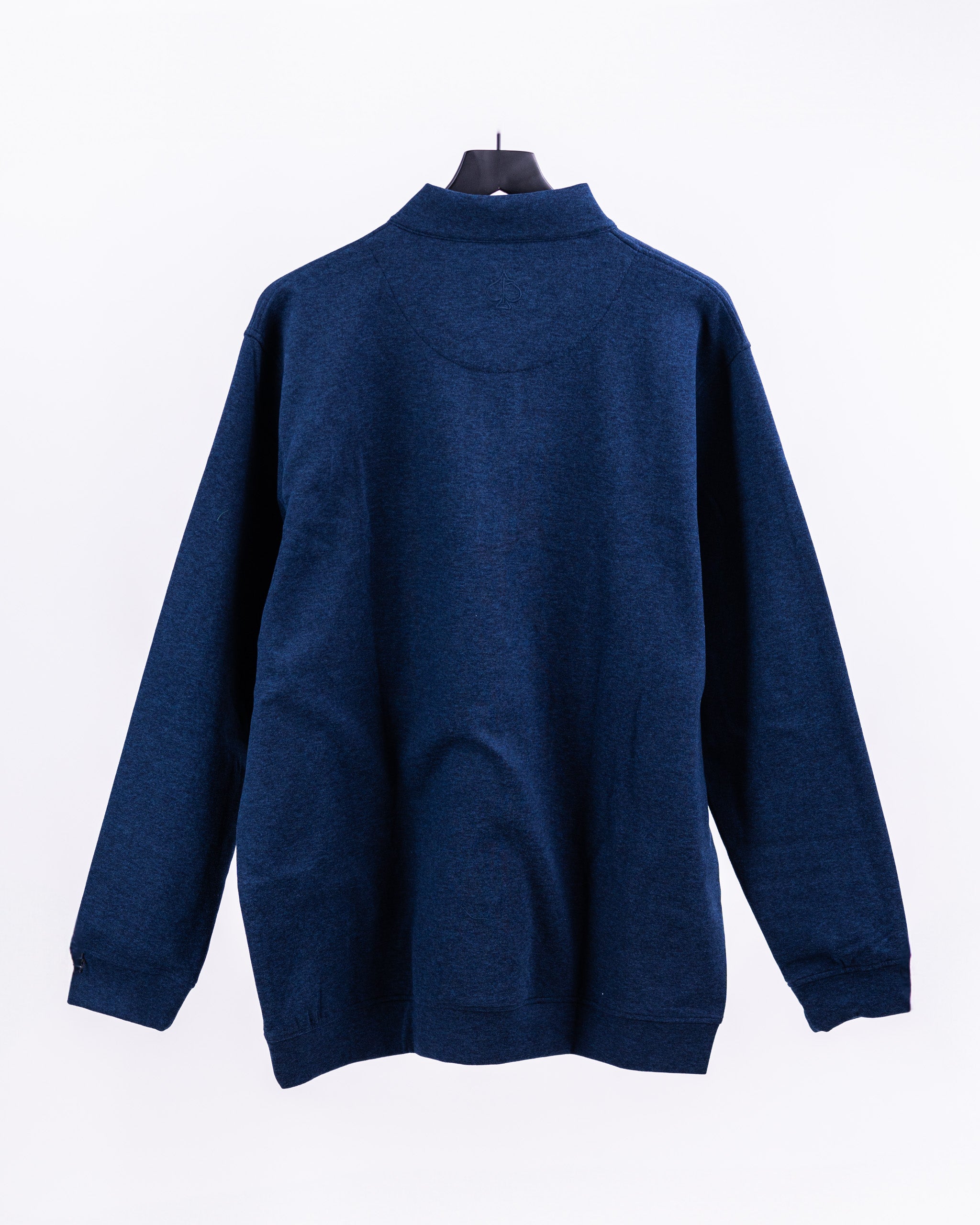 Heathered navy pullover with a relaxed fit and high collar, designed for comfort on and off the golf course.