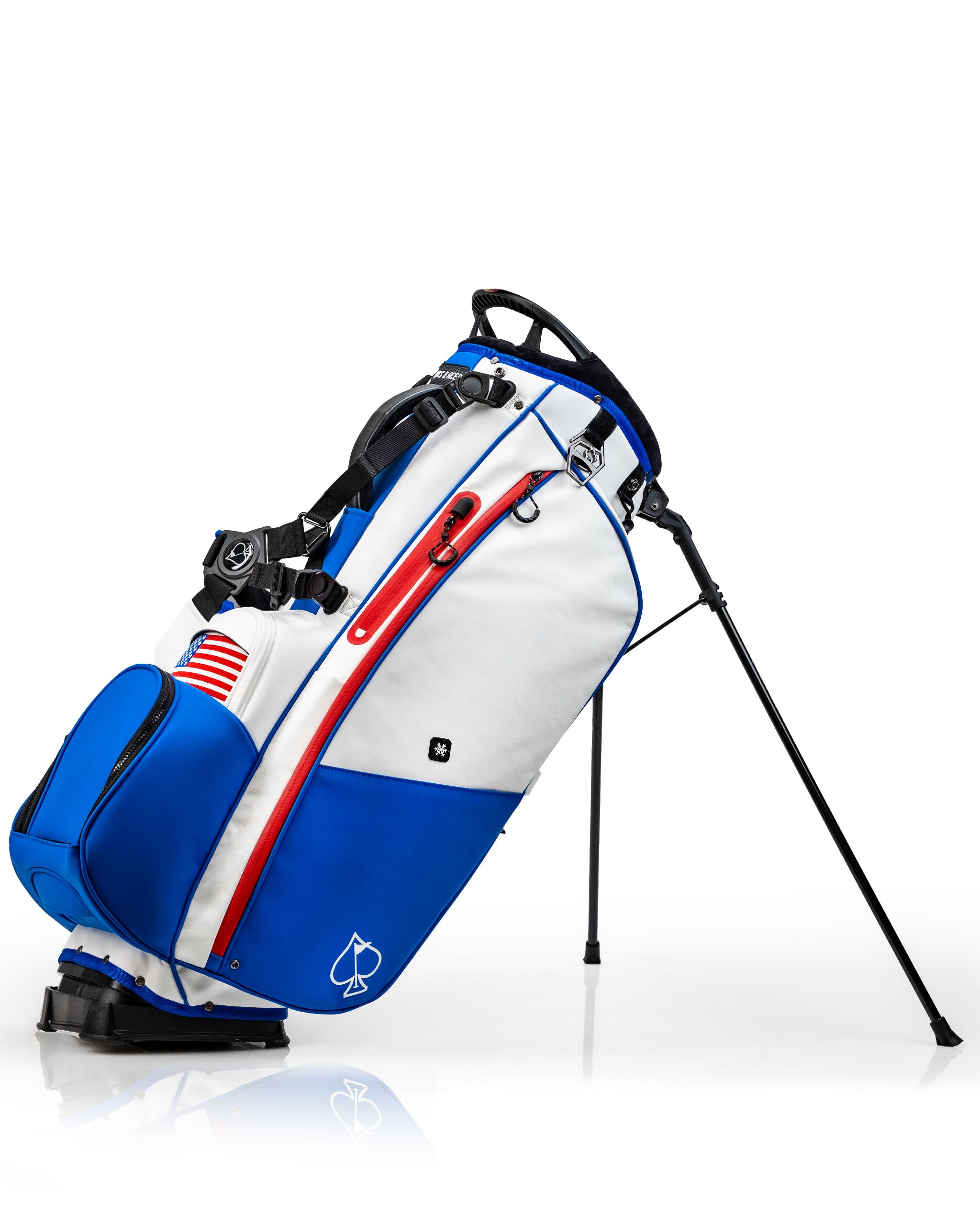 Stylish Player Preferred golf bag in blue and white with red accents, featuring a stand and pockets for accessories.