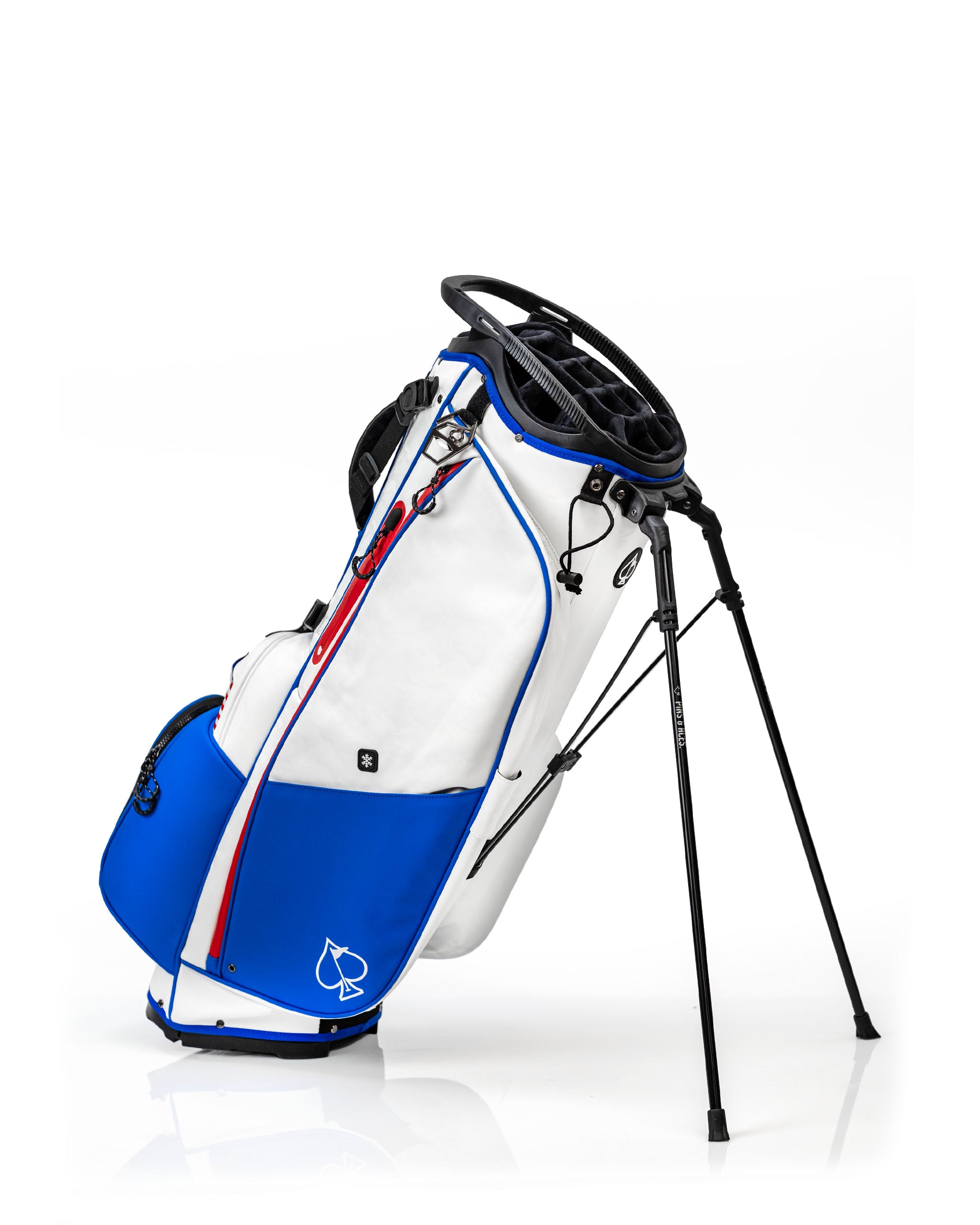 Stylish Player Preferred golf bag in white and blue with a stand, designed for golfers seeking functionality and flair.