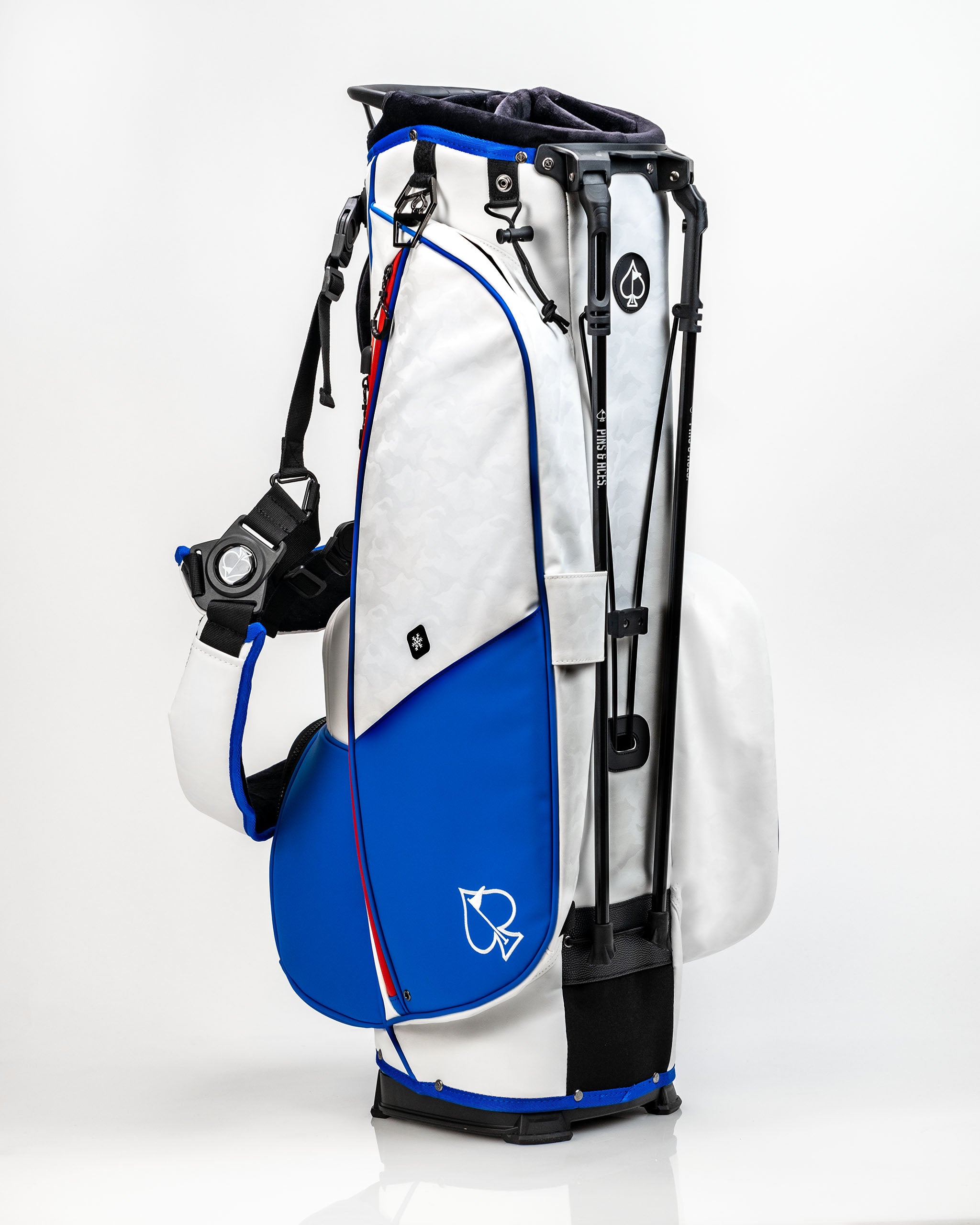 Player Preferred Golf Bag in white and blue, featuring a sleek design and multiple pockets for golf accessories.