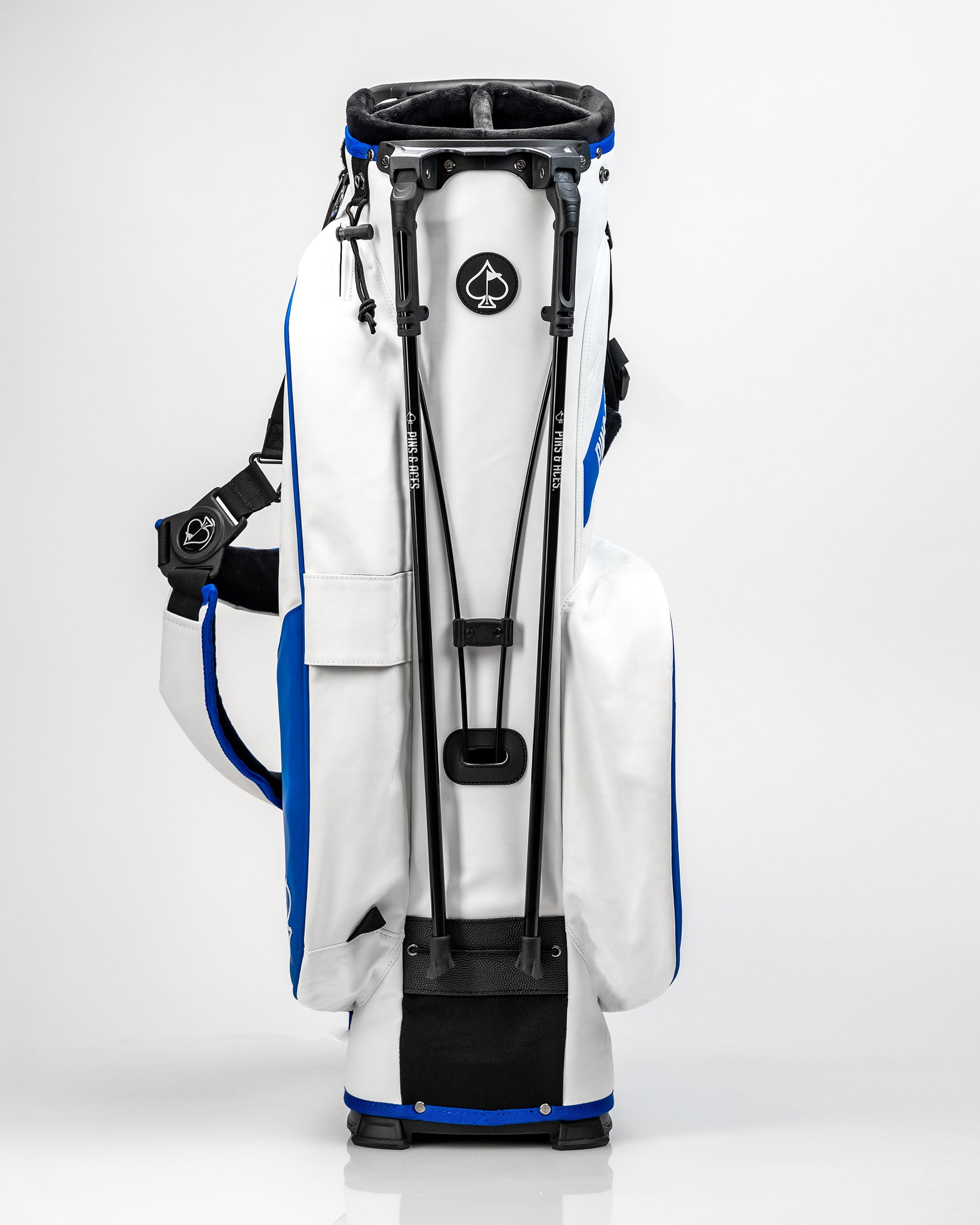 Player Preferred Golf Bag in white and blue, featuring a sleek design and sturdy stand for golfers who want style and functionality.