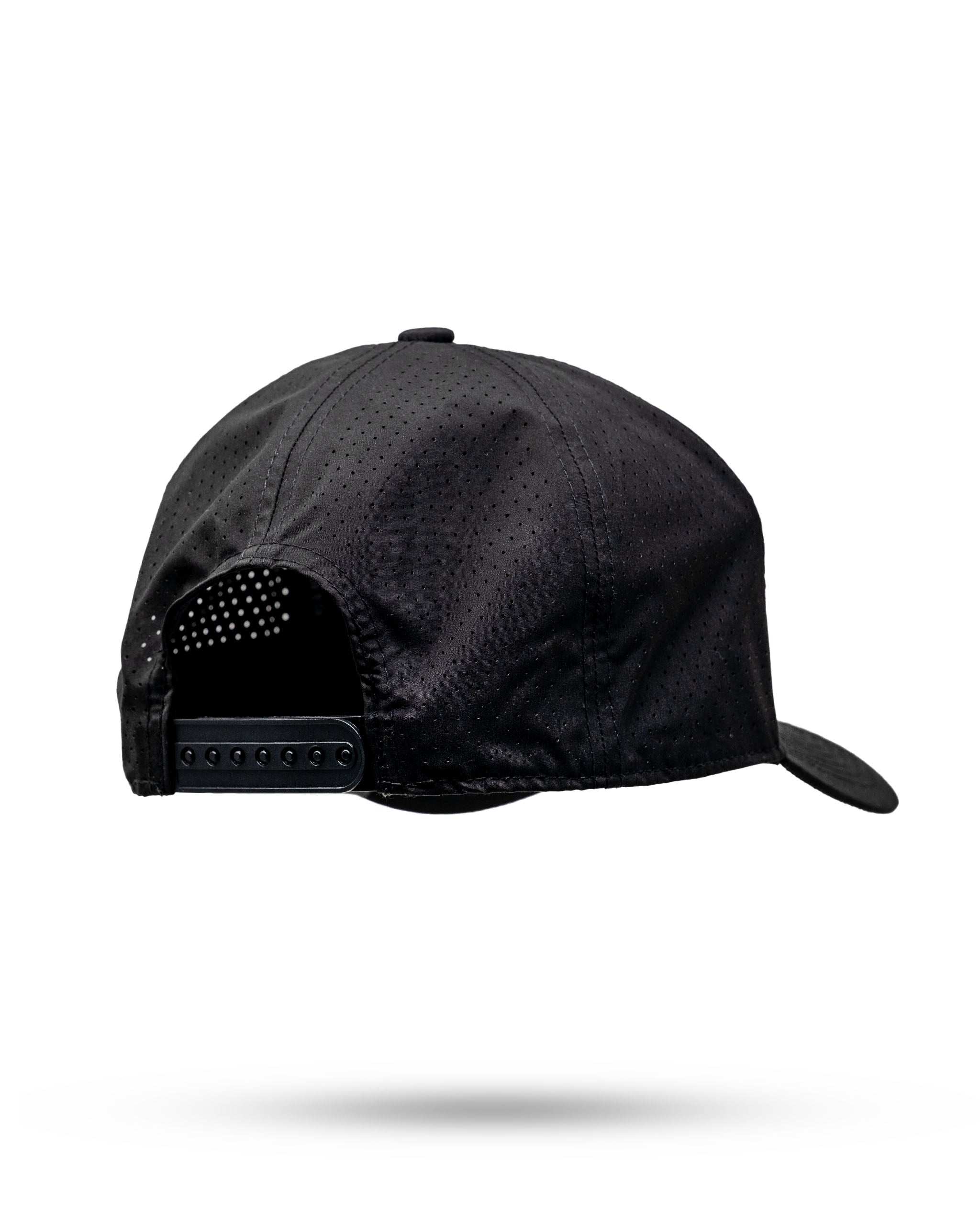 Black Tradesman Hat featuring a sleek design with perforated detailing and an adjustable strap at the back.