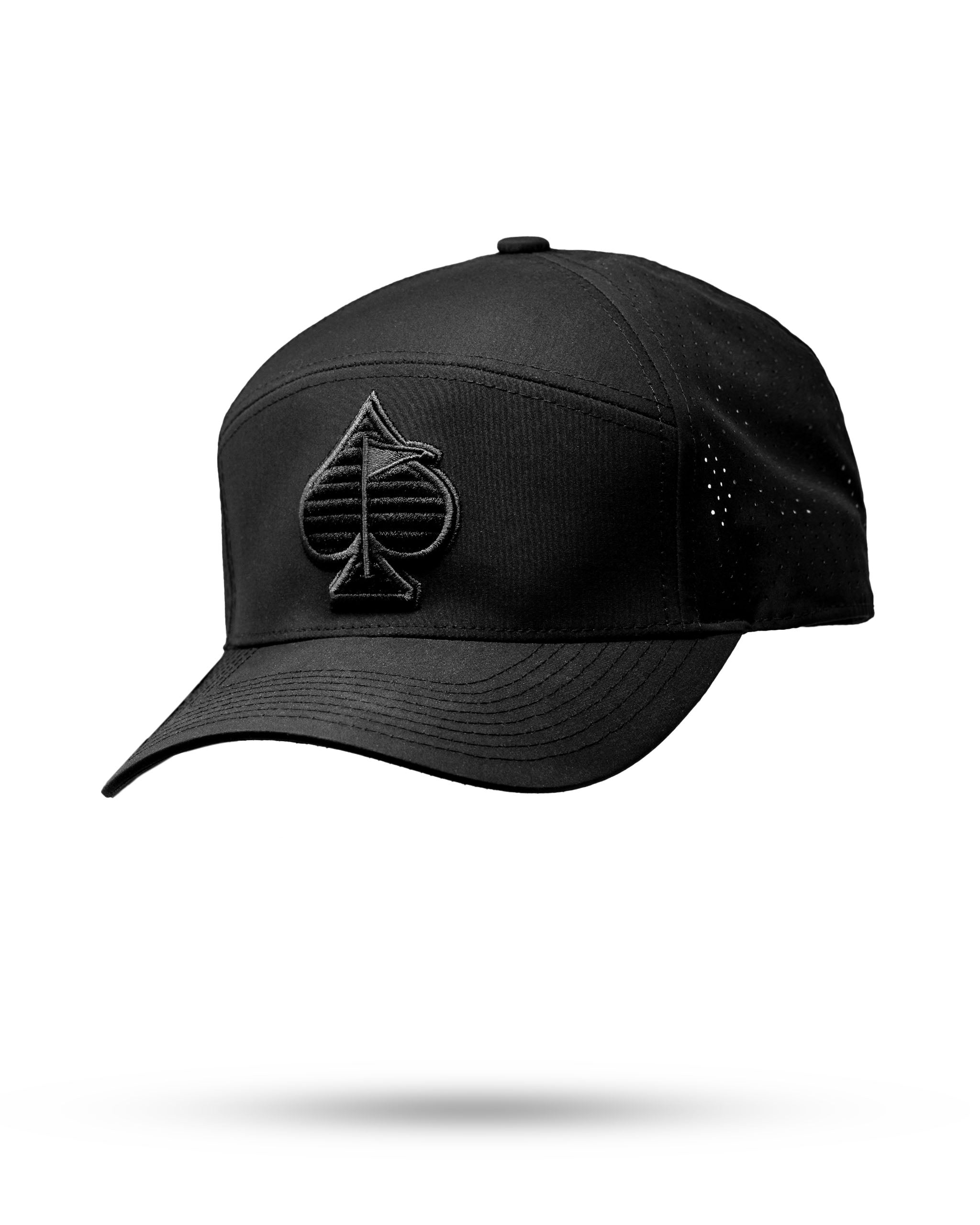 Black Tradesman Hat featuring a bold spade logo, designed for stylish golfers seeking standout accessories on the course.