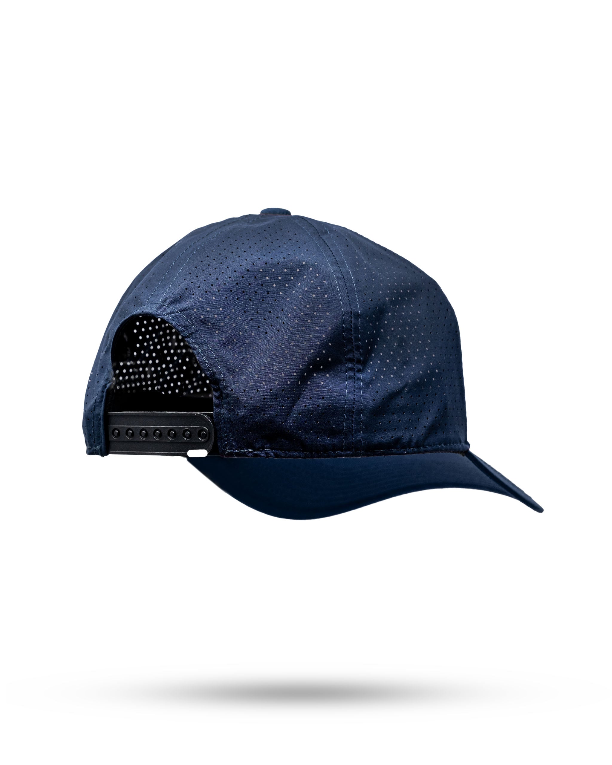 Navy Tradesman Hat featuring breathable perforations and an adjustable strap for a comfortable fit on the golf course.