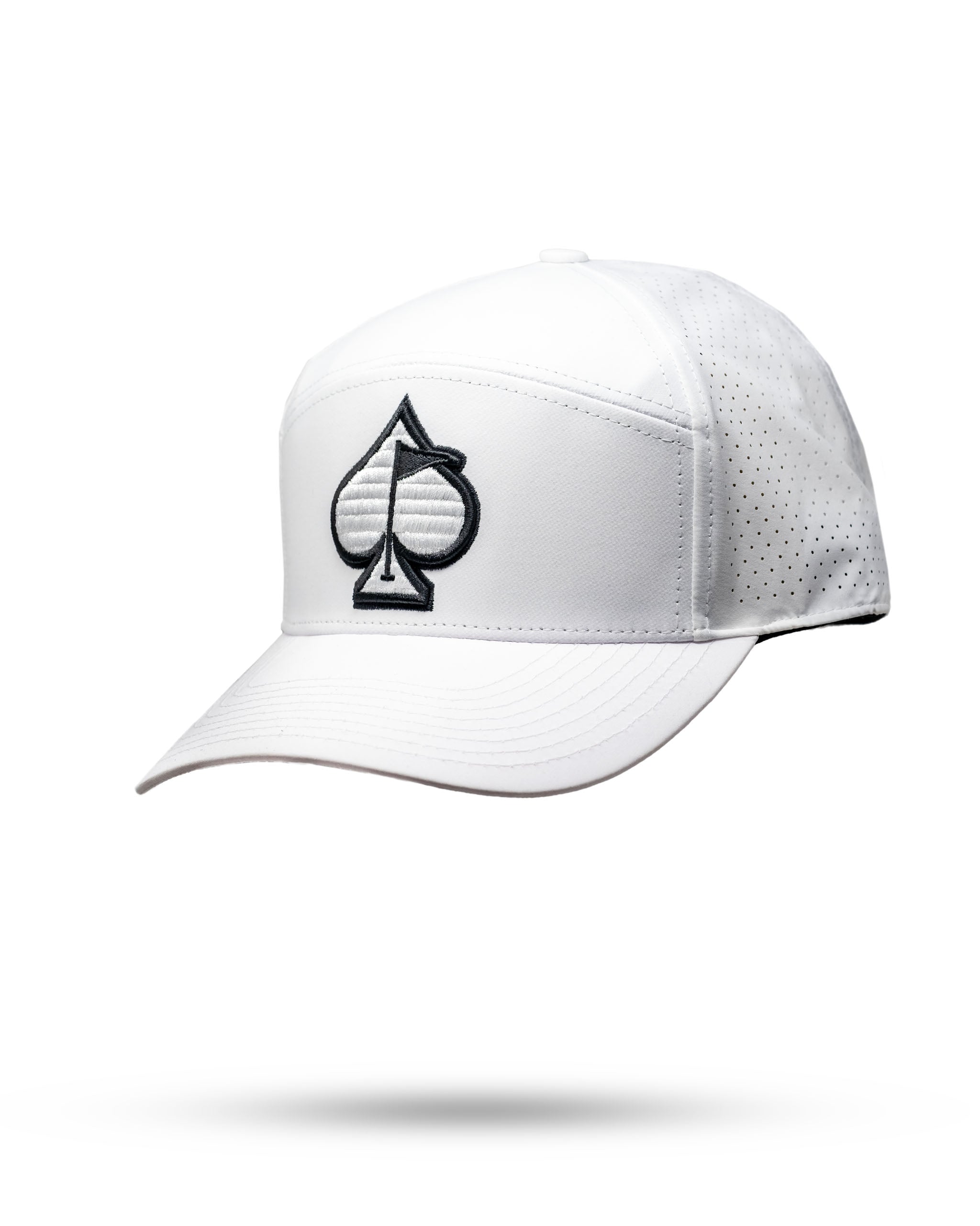 White Tradesman Hat featuring a black spade logo and breathable mesh panels, perfect for stylish golfers.