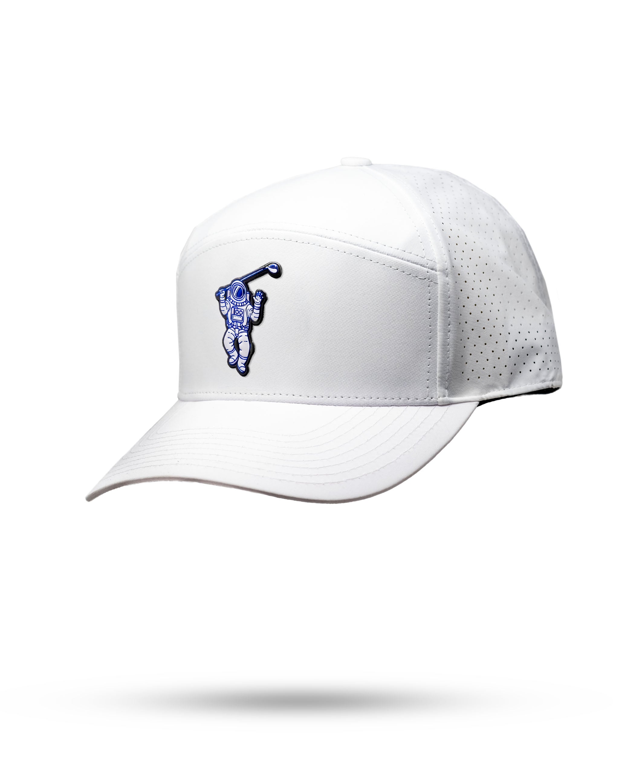 White Tradesman Hat featuring a Space Golfer graphic, designed for bold style on the golf course.
