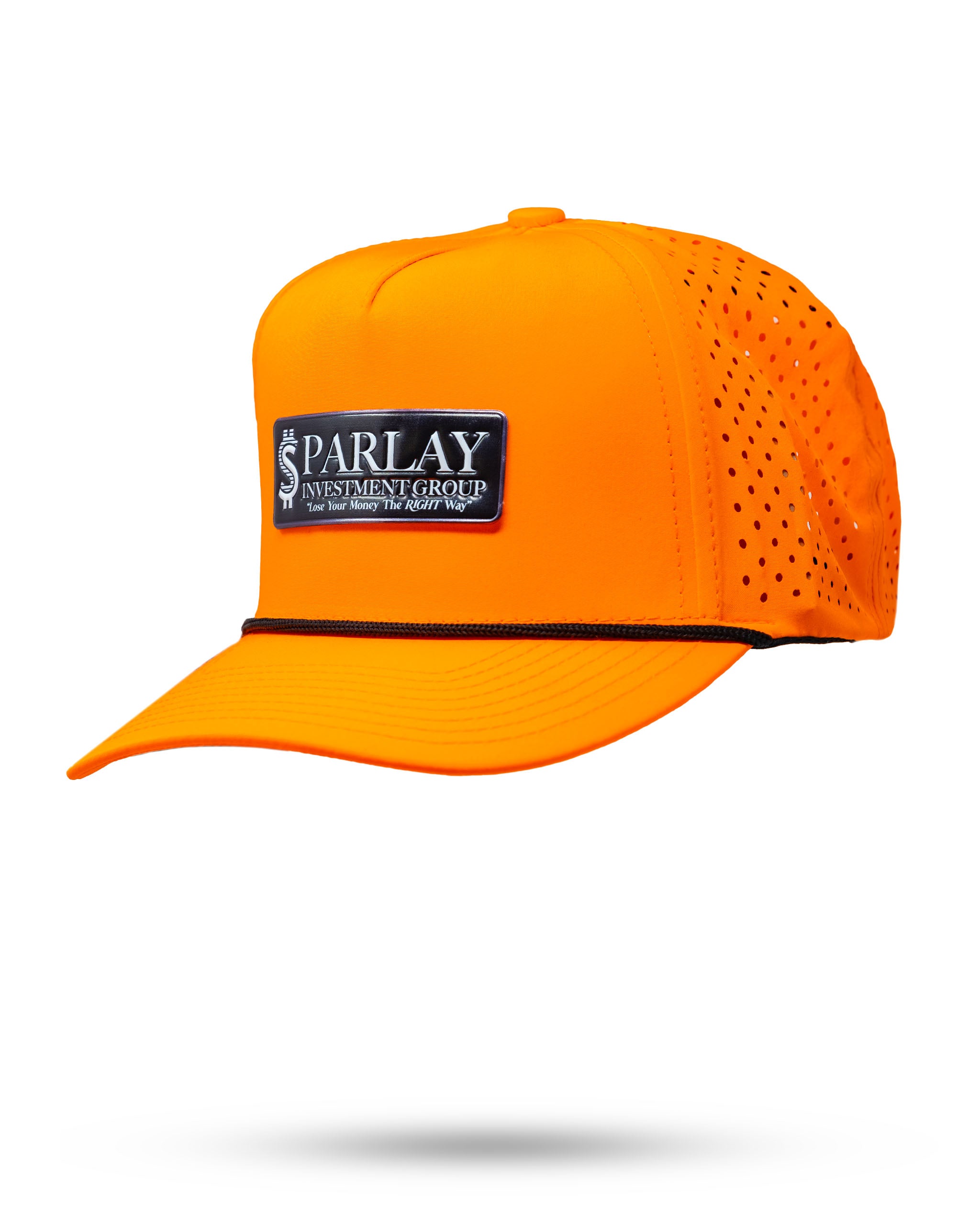 Highlighter orange perforated rope hat featuring a black logo patch, designed for bold golf style and comfort.
