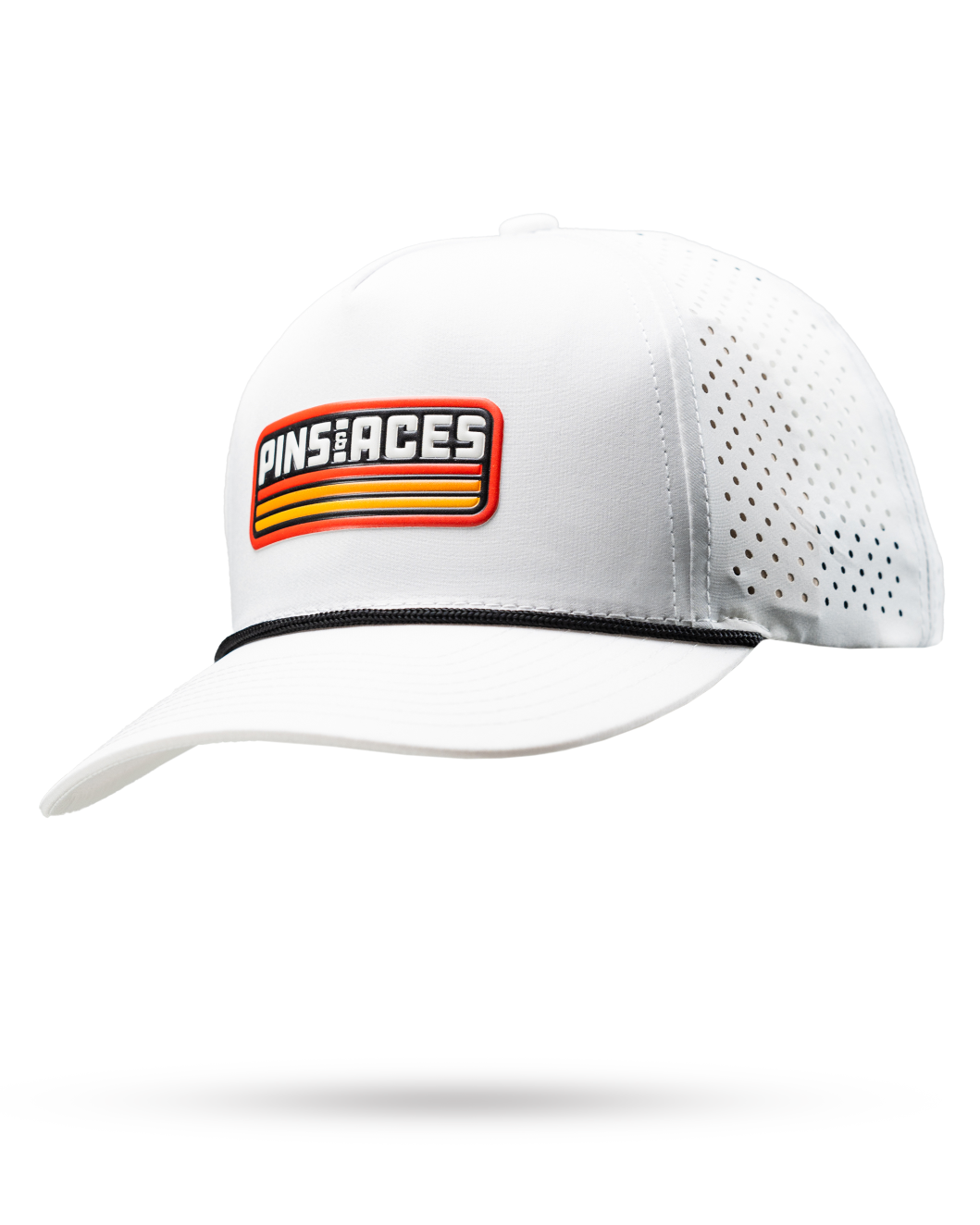 Perforated rope hat in retro orange and white, featuring a bold Pins and Aces logo for stylish golf wear.