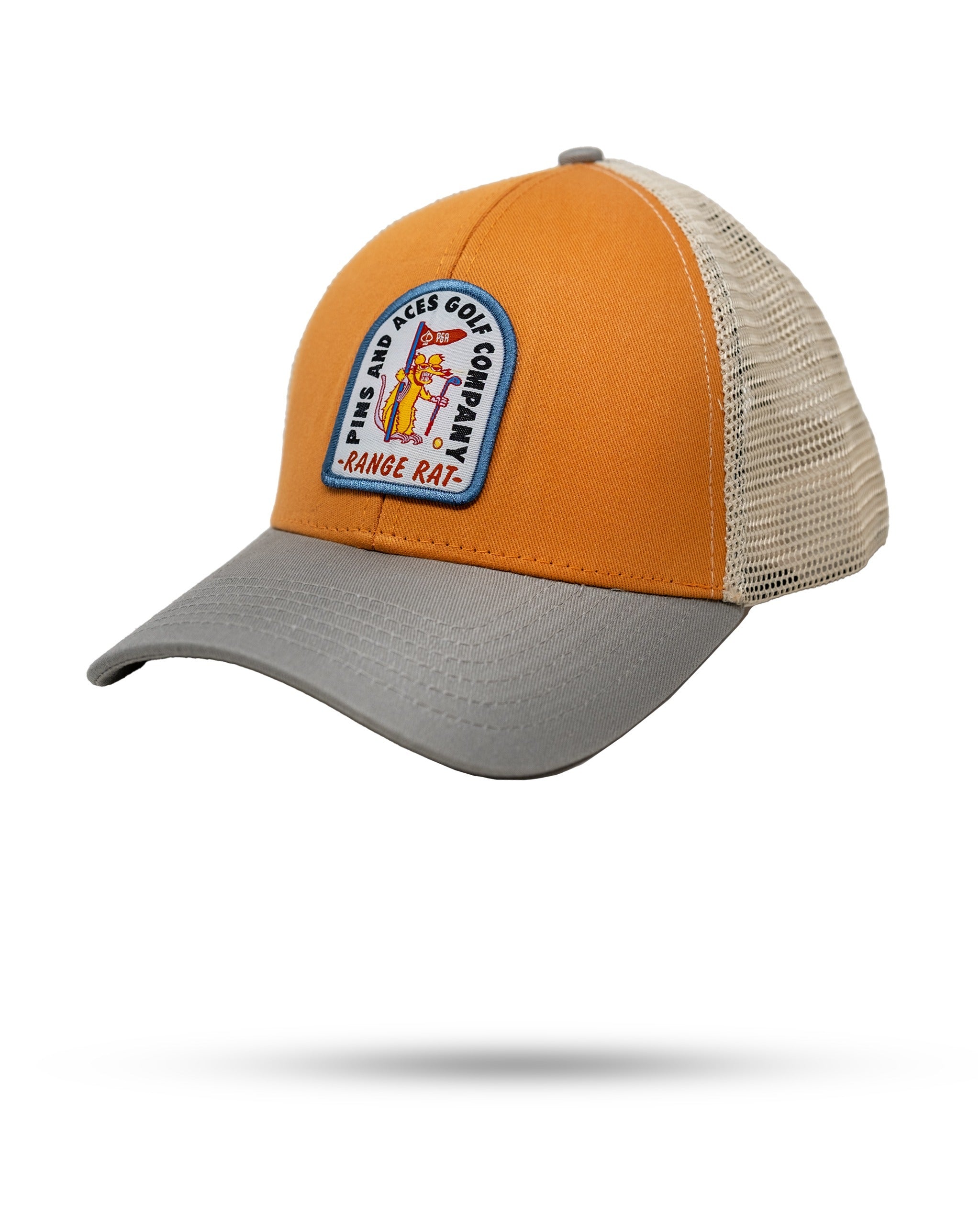 Bold orange trucker hat with a gray brim and a Range Rat patch, perfect for golfers who want to stand out on the course.