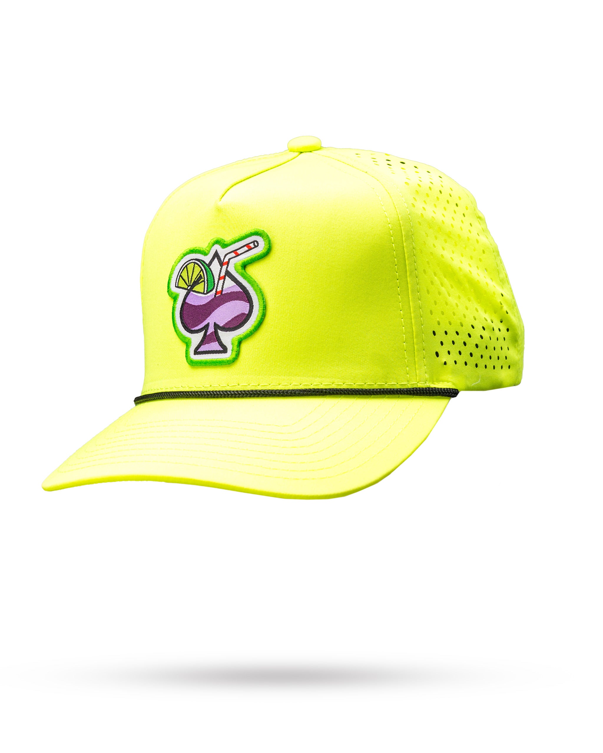 Bold highlighter yellow perforated rope hat featuring a cocktail graphic, perfect for golfers wanting to stand out.