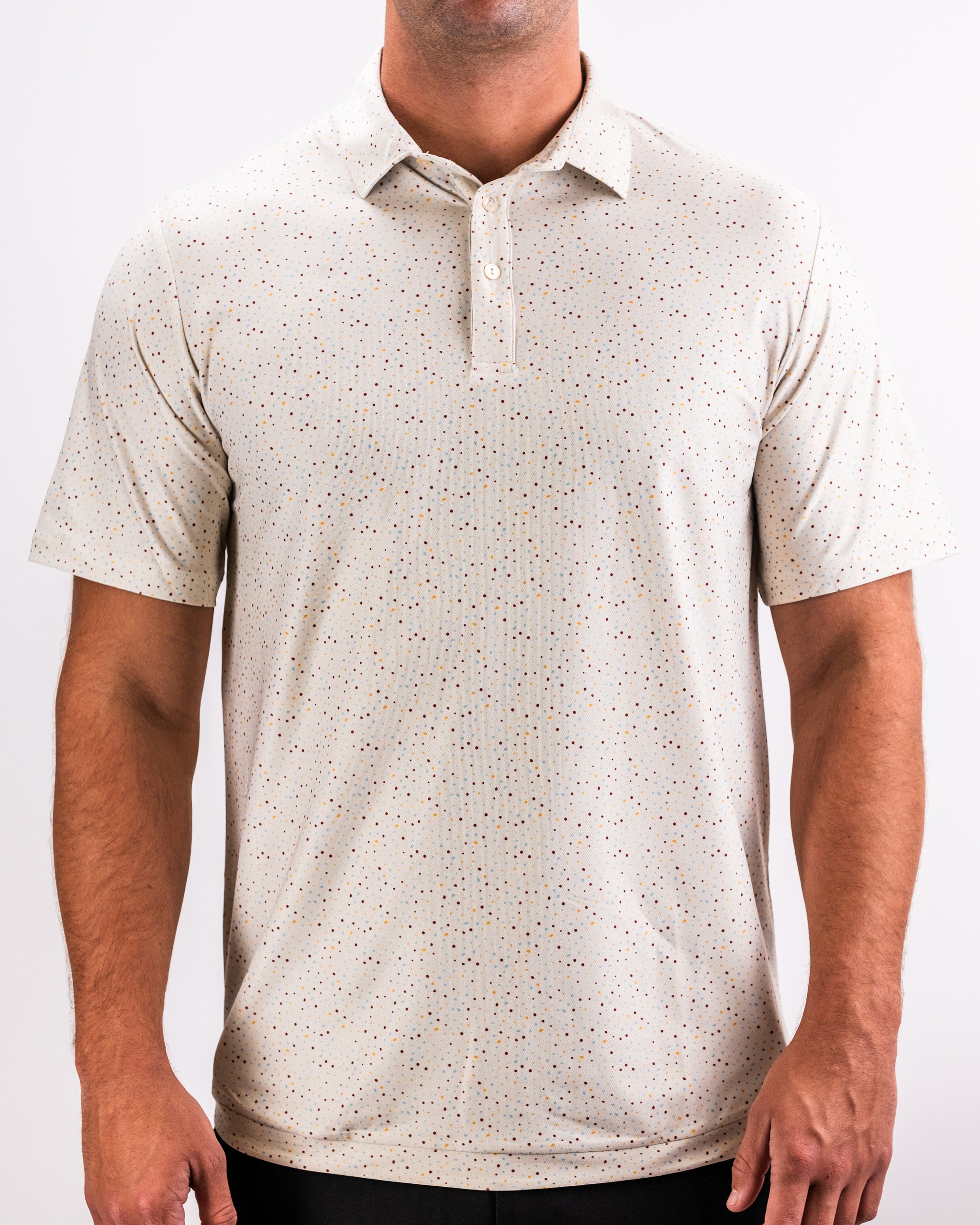 Men's Player Preferred Polo in Terrazzo pattern, featuring a light background with colorful speckles, ideal for stylish golfers.