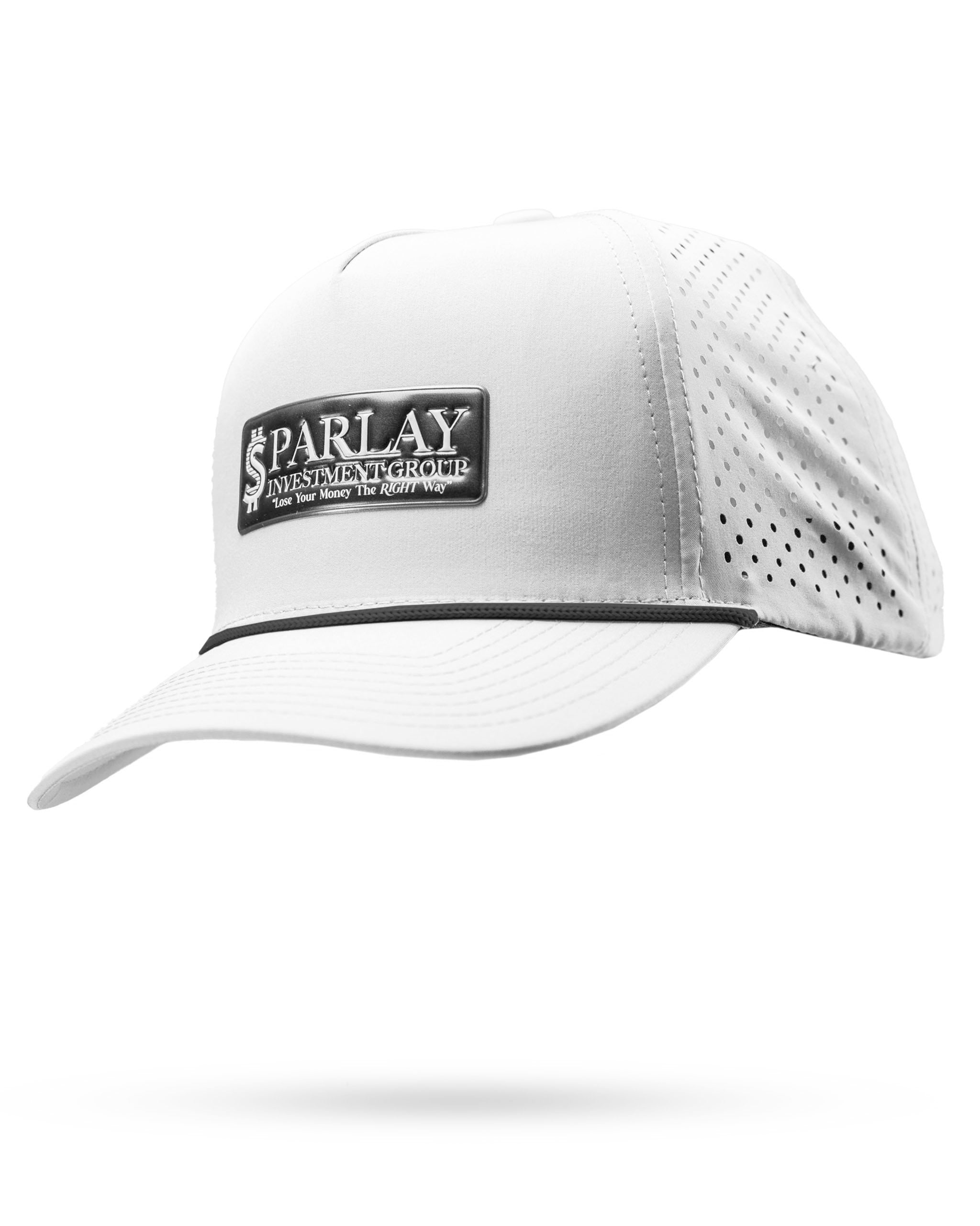 White perforated rope hat featuring a bold "Parlay" logo, designed for stylish golfers seeking standout accessories.