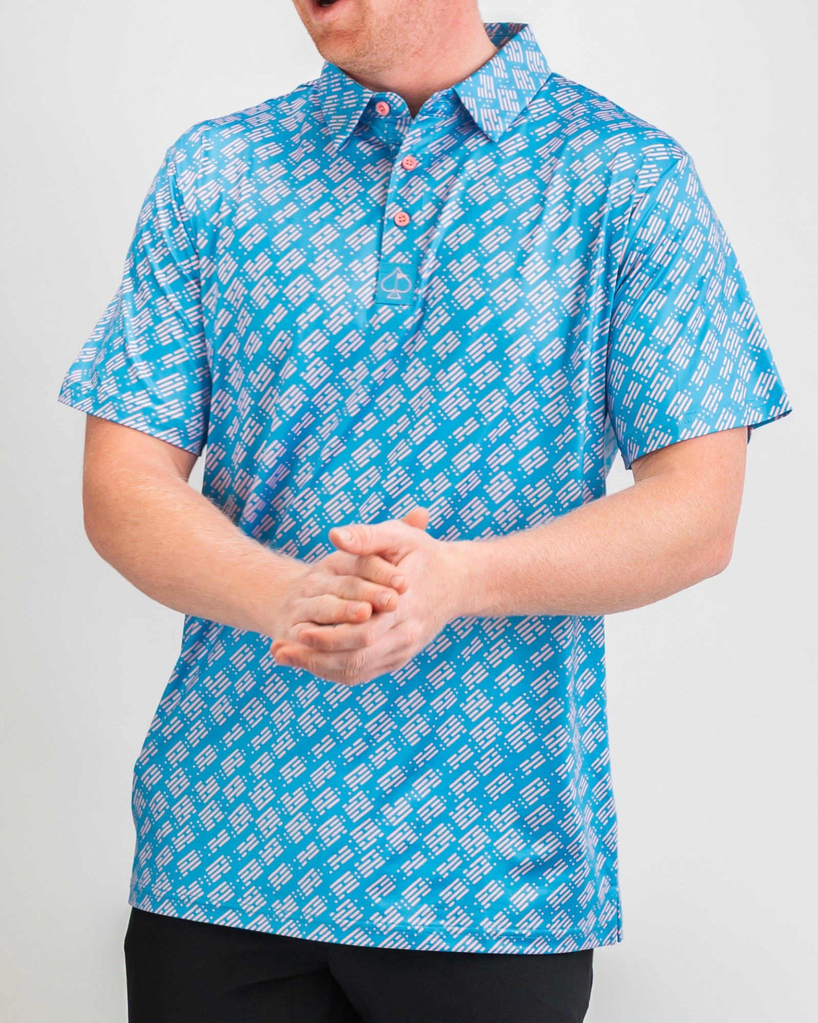 Bold blue golf polo featuring a unique geometric pattern, designed for golfers who want to make a statement on the course.