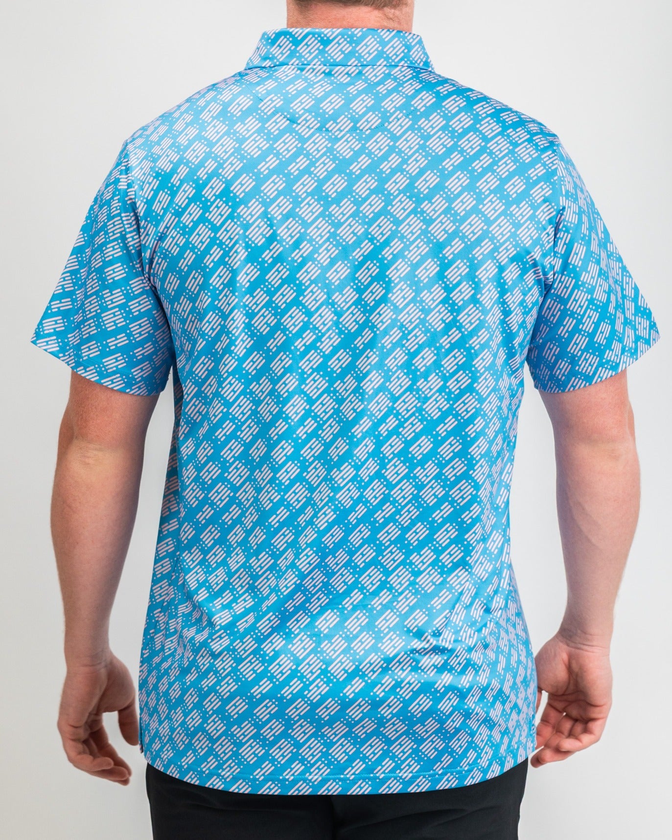 Men's Skyline Dash Blue golf shirt featuring a bold, geometric pattern in vibrant blue tones, perfect for stylish play.