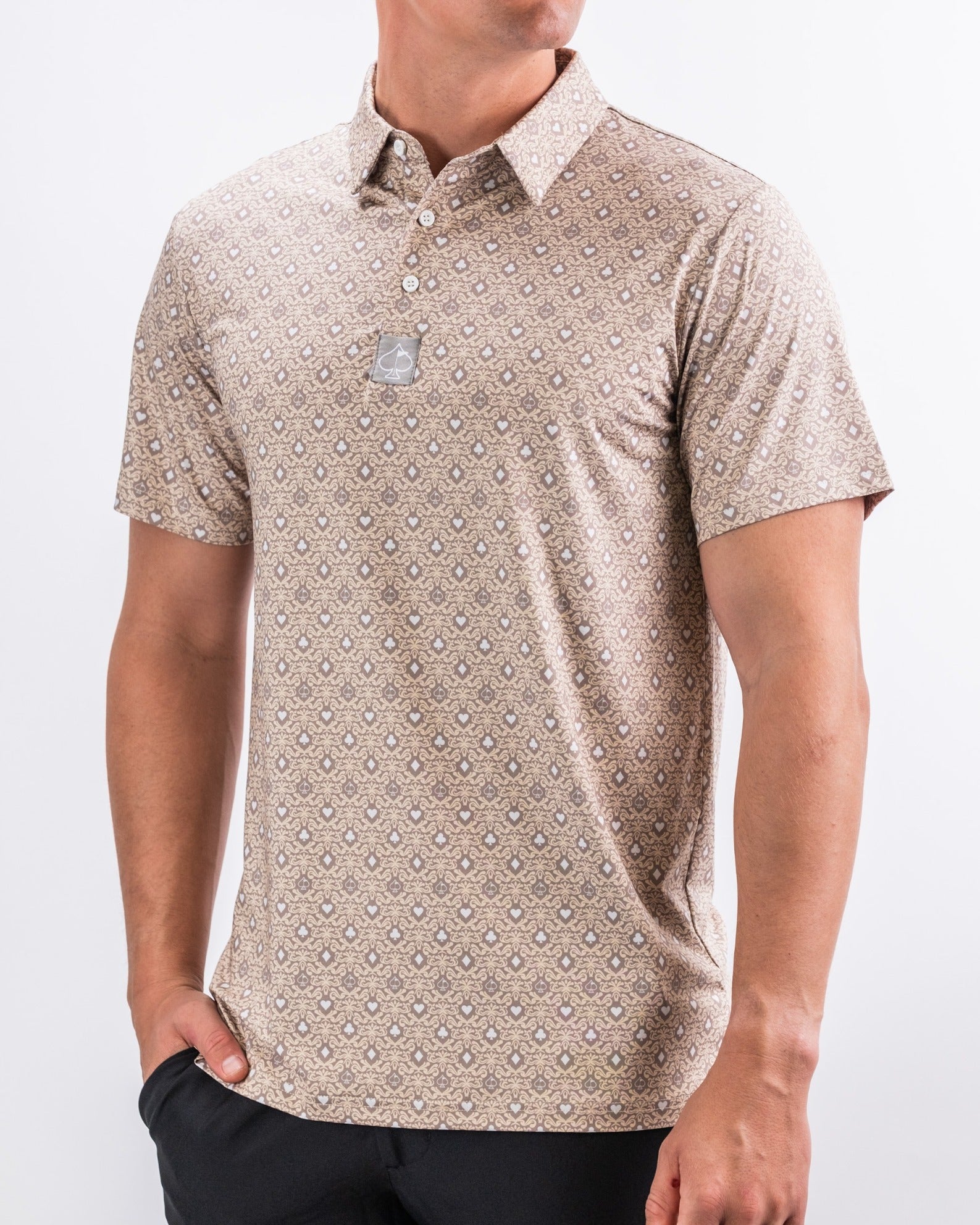 Men's short-sleeve polo shirt in a beige pattern, featuring a collar and a chest pocket, ideal for stylish golf outings.