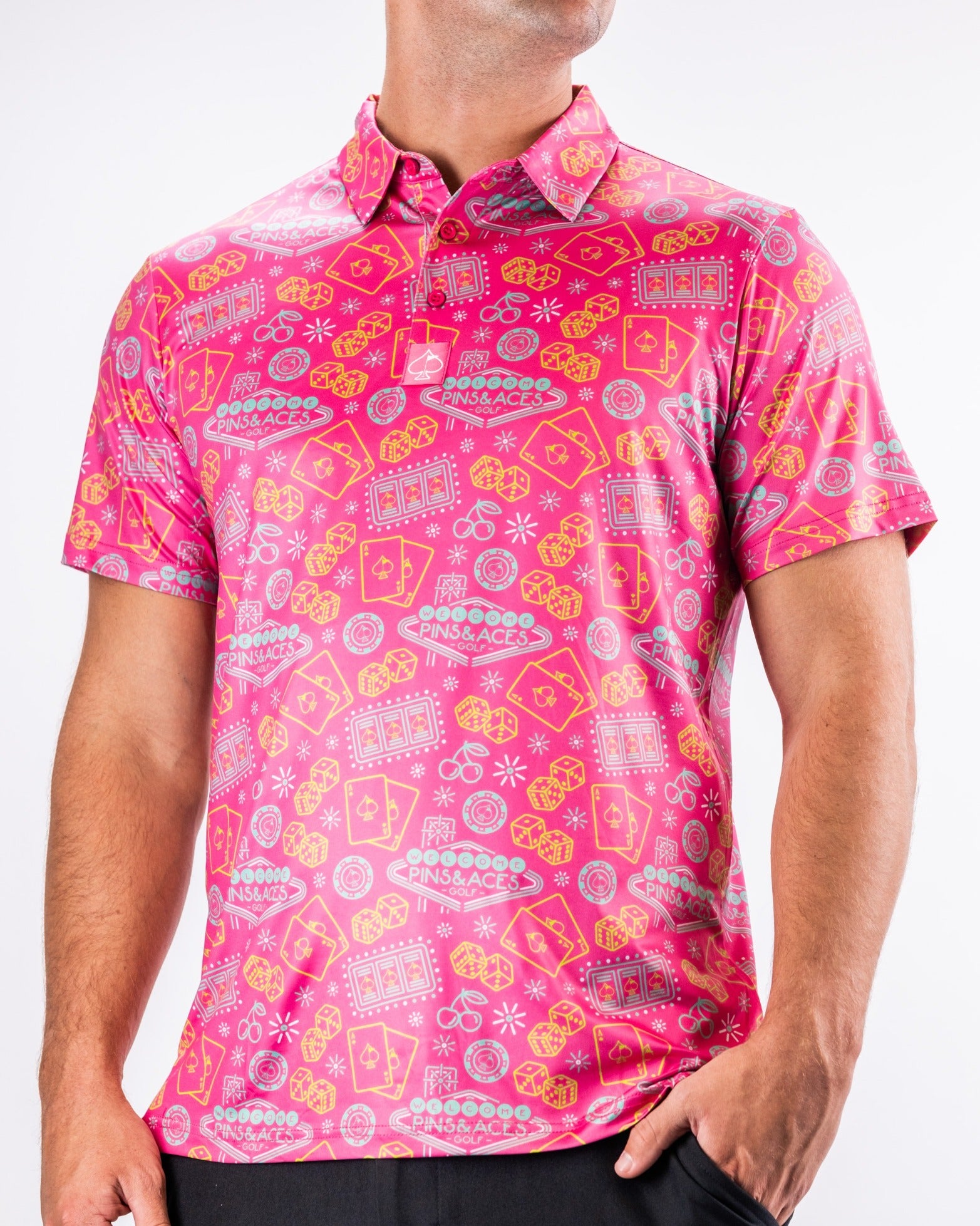 Bold fuchsia golf polo featuring a playful pattern of golf-themed icons, designed for golfers who want to stand out.