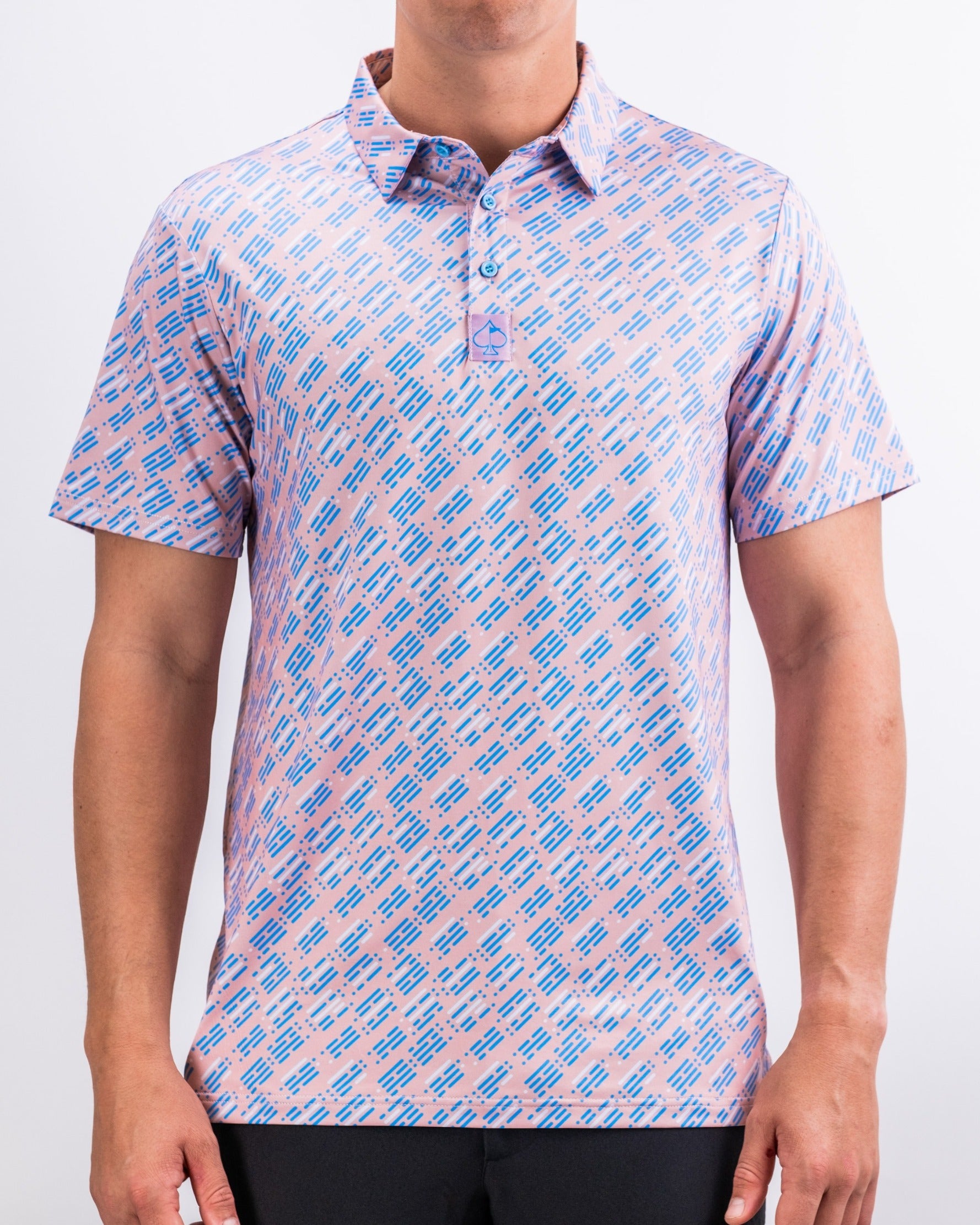 Men's Skyline Dash Pink golf polo featuring a vibrant pink and blue geometric pattern, perfect for stylish play on the course.