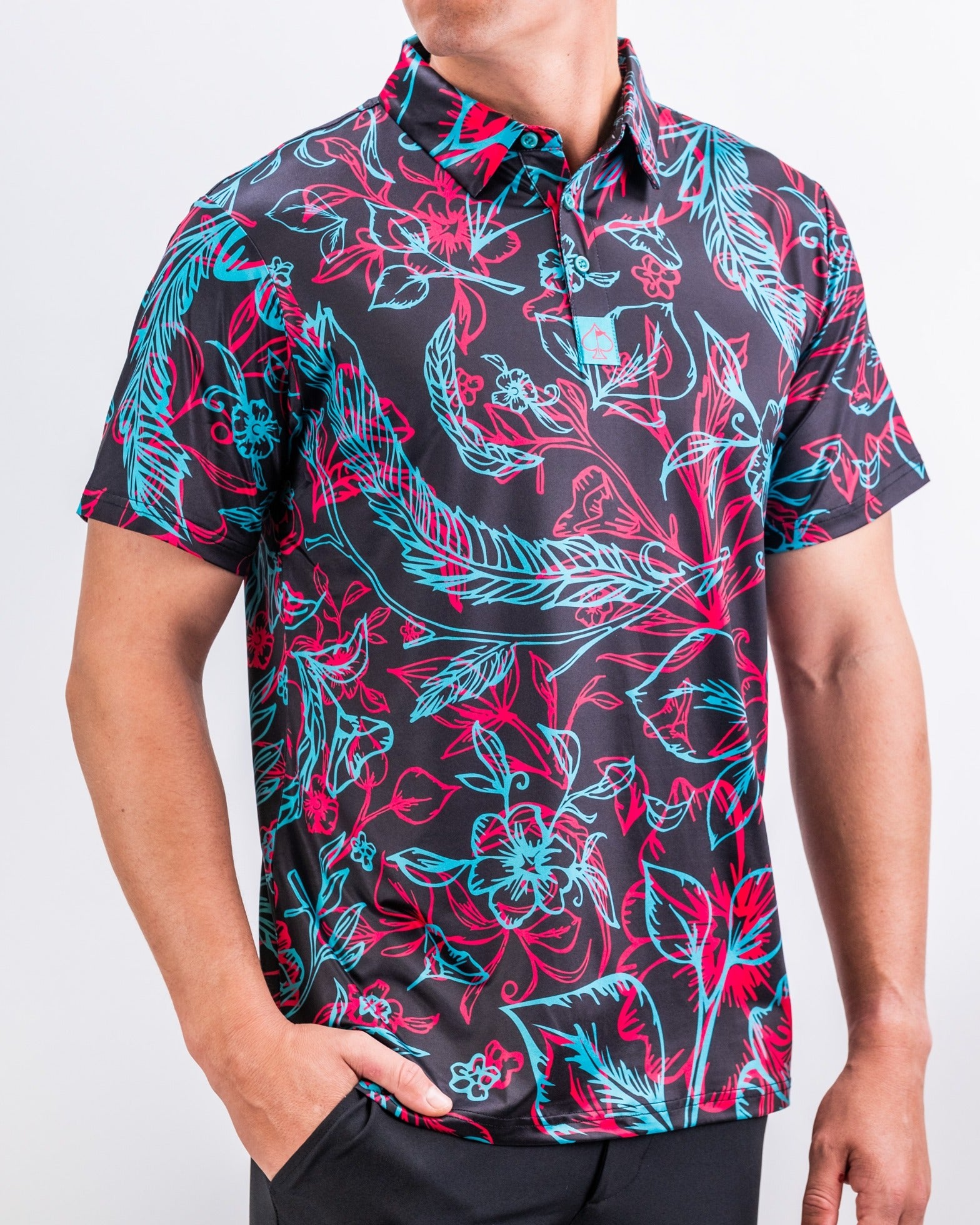 Bold floral-patterned golf shirt in vibrant colors, designed for golfers who want to make a statement on the course.
