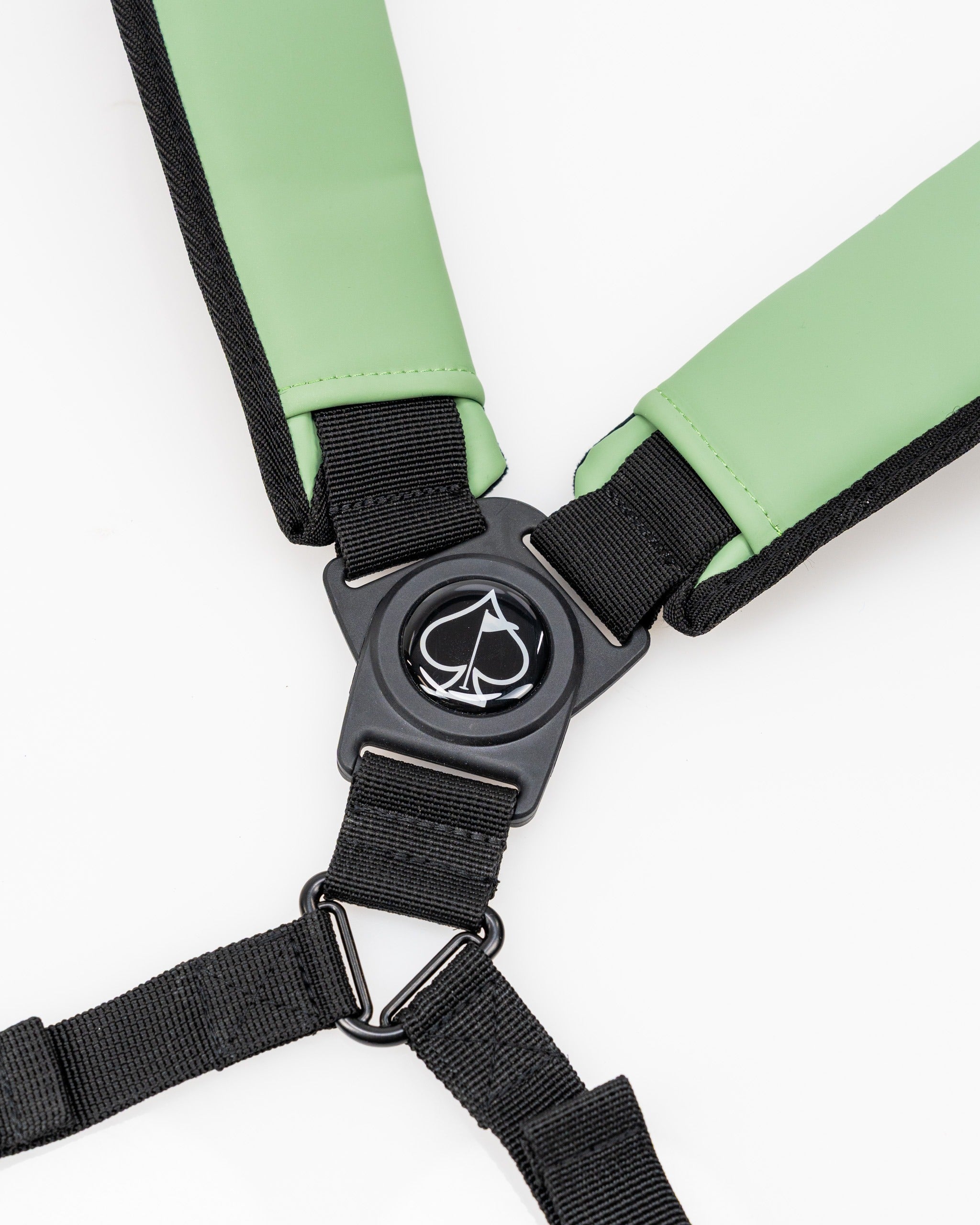 Close-up of the adjustable straps on the Player Preferred Golf Bag in sage green, featuring a secure buckle and logo.