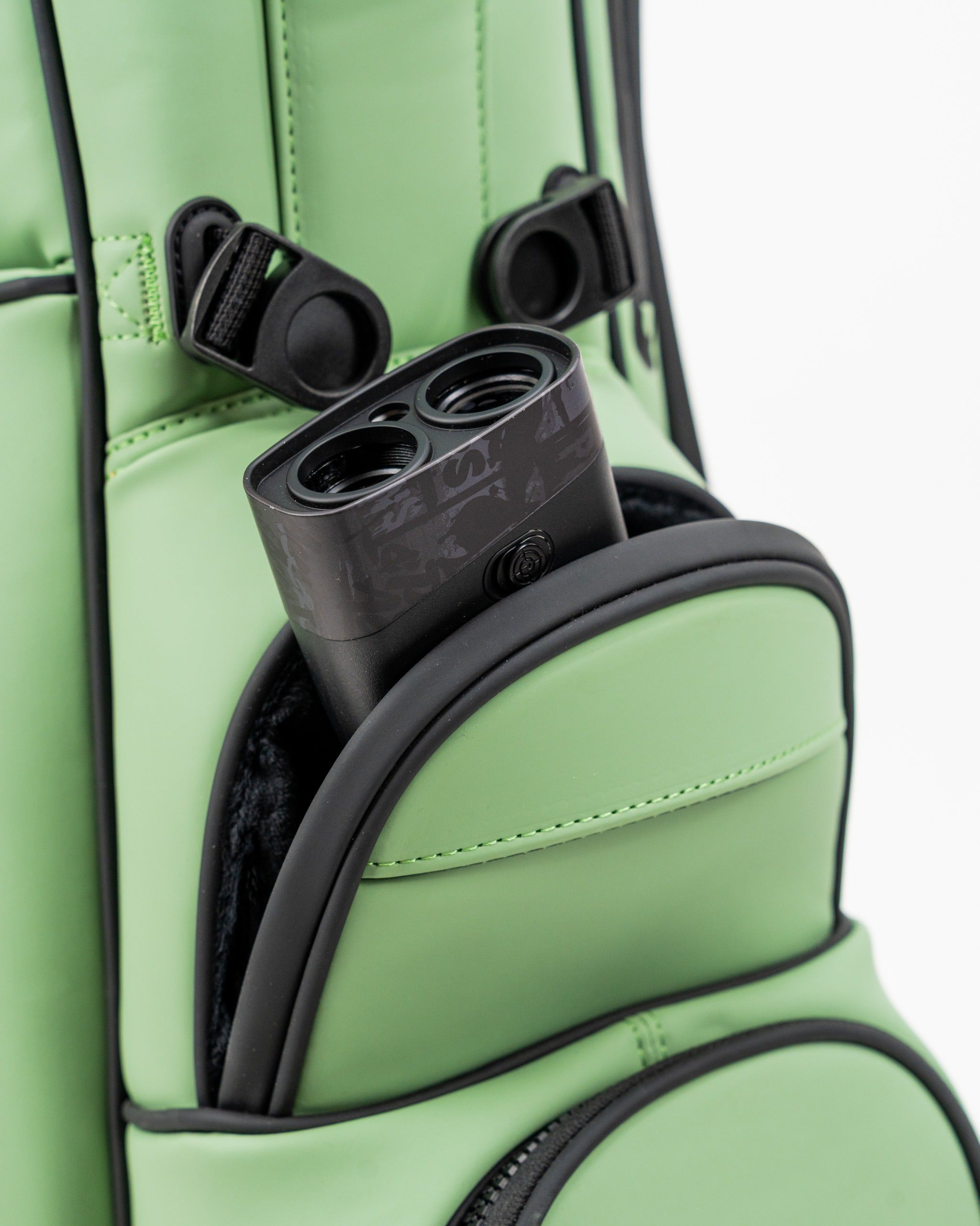 Sage Player Preferred golf bag featuring a side pocket with a golf rangefinder securely stored inside.