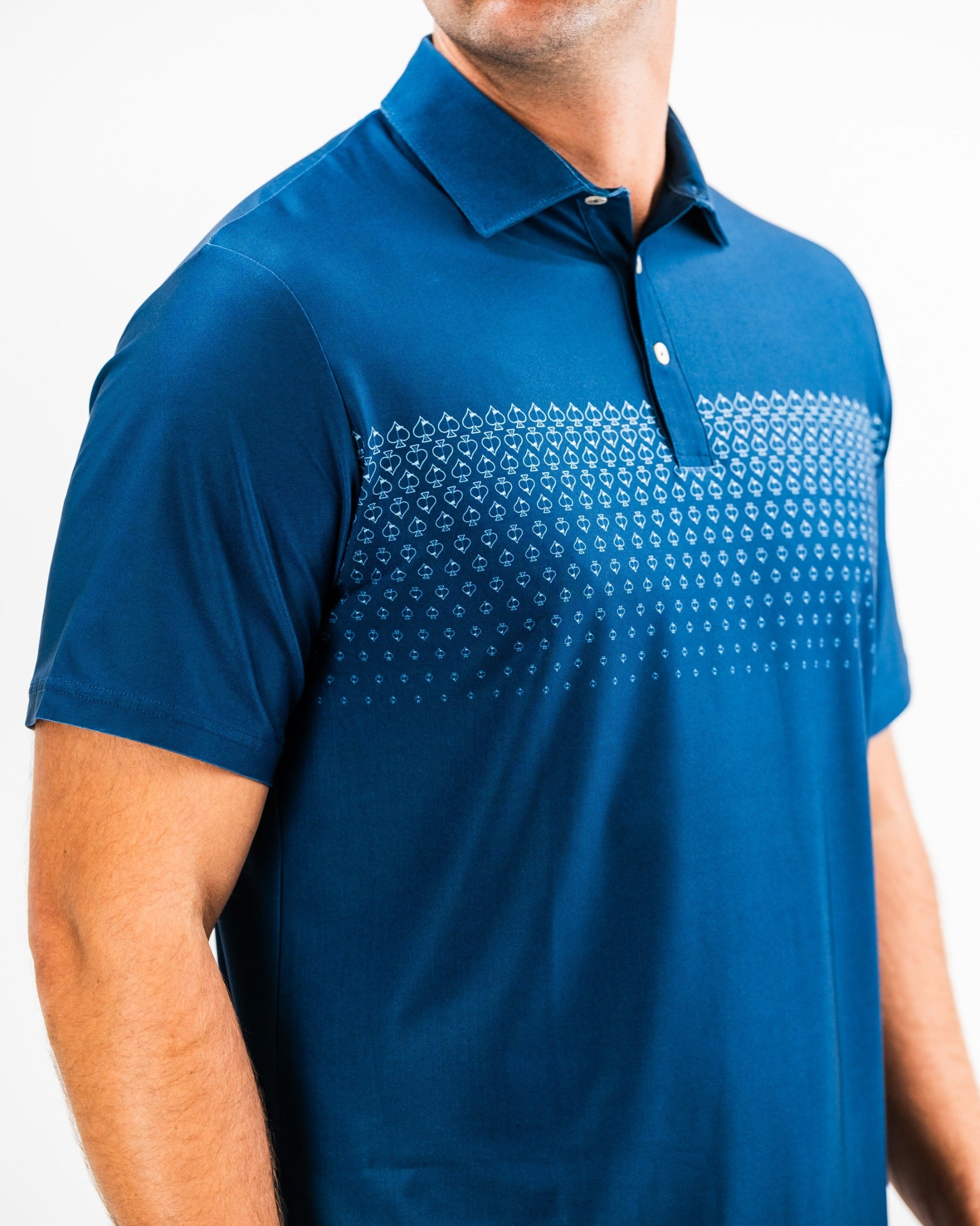 Navy Player Preferred Polo featuring a spade fade design, ideal for golfers seeking stylish performance on the course.