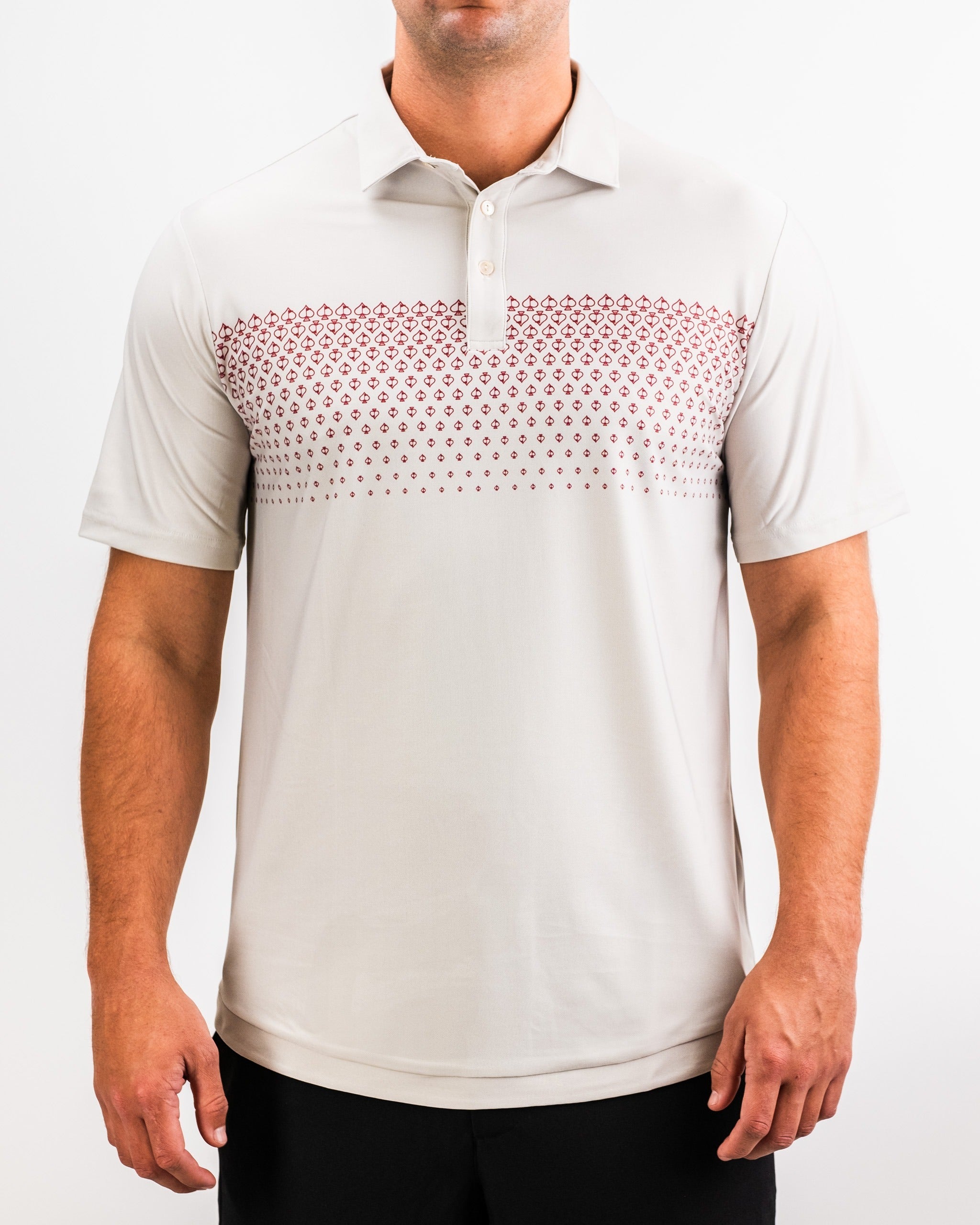 Men's Player Preferred Polo in Spade Fade Light featuring a stylish geometric pattern across the chest, perfect for golf.