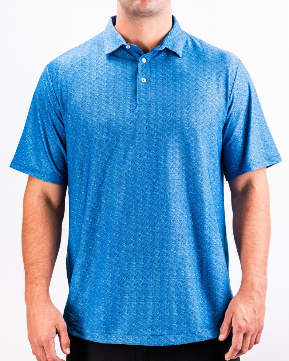 Men's Player Preferred Polo in Cosmic Swirl design, featuring a vibrant blue pattern, ideal for stylish golf outings.