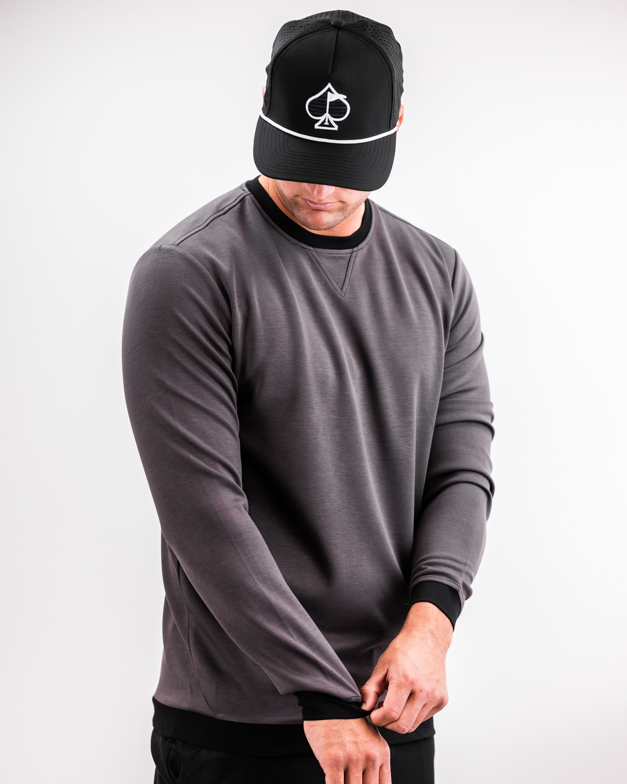 Men's Player Preferred Crewneck in slate grey, featuring long sleeves and a classic fit, perfect for stylish golf outings.