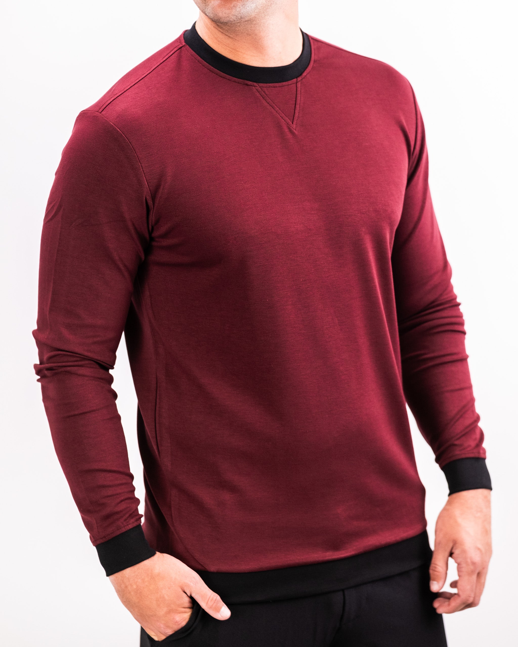Men's Player Preferred Crewneck in Merlot, featuring a classic design with a comfortable fit and contrasting black trim.