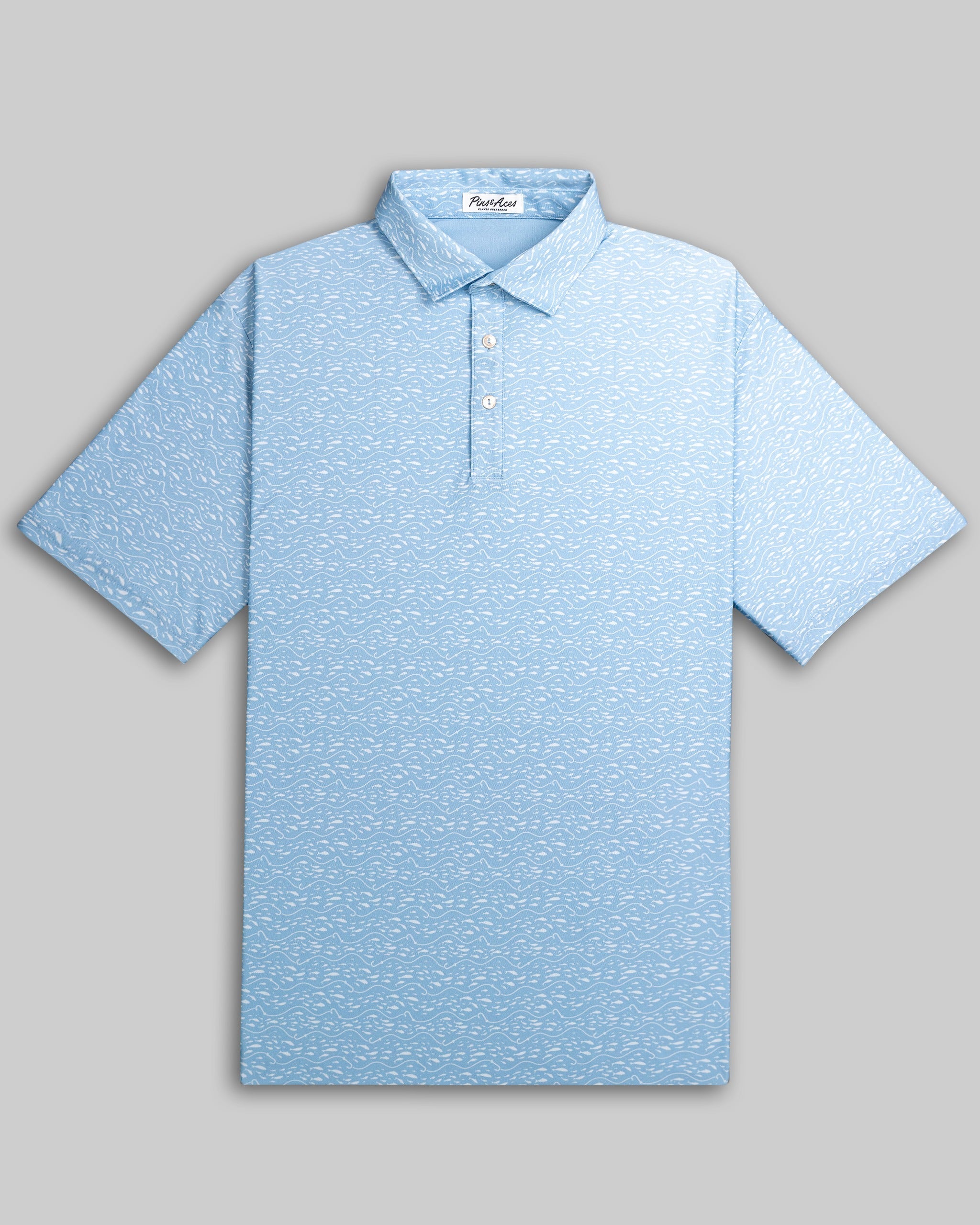 Light blue polo shirt featuring a subtle wave pattern, designed for comfort and style on the golf course.